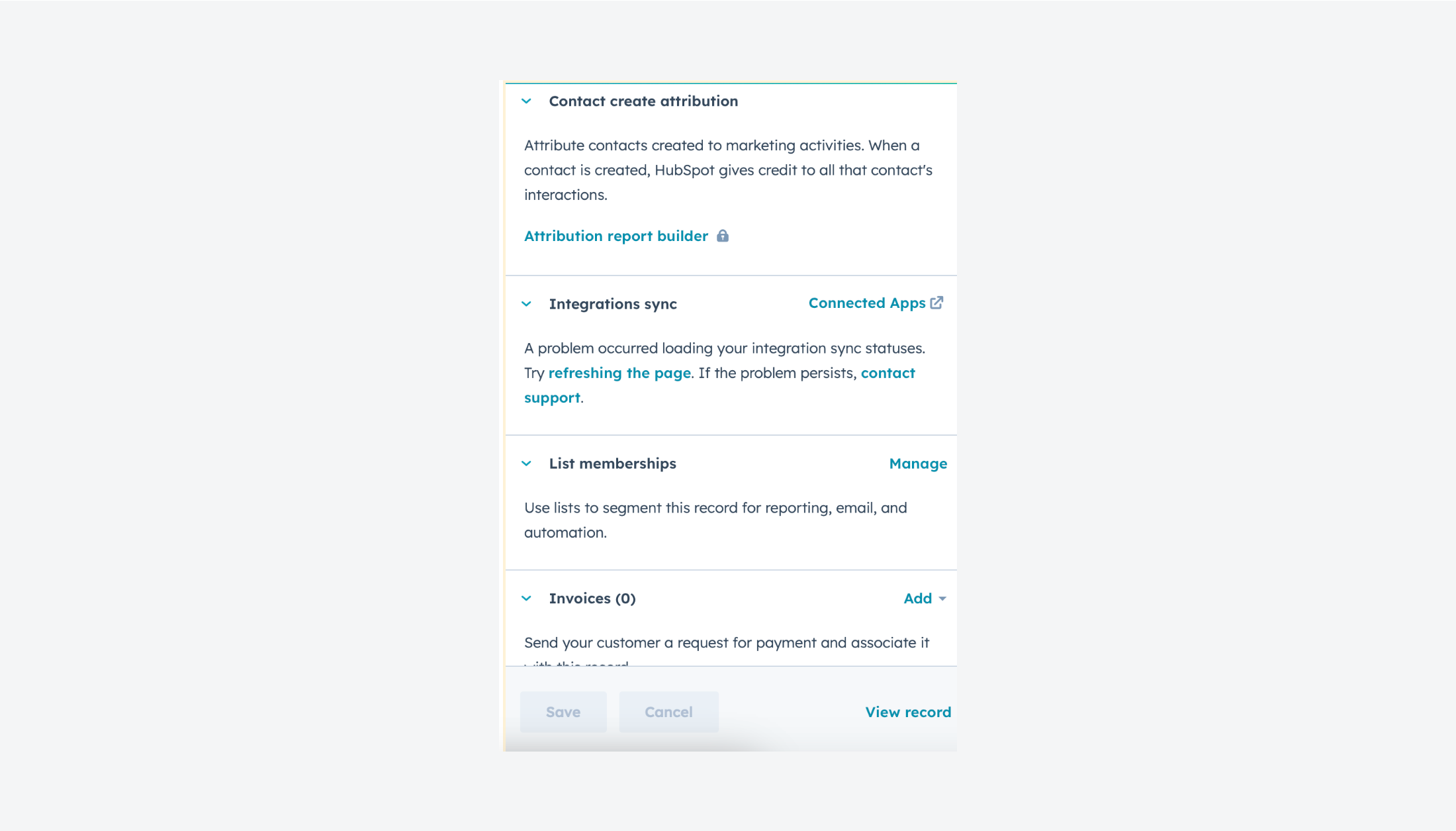 HubSpot interface with links for "Attribution report builder," "Connected Apps," "refreshing the page," "contact support," "Manage," "Add."