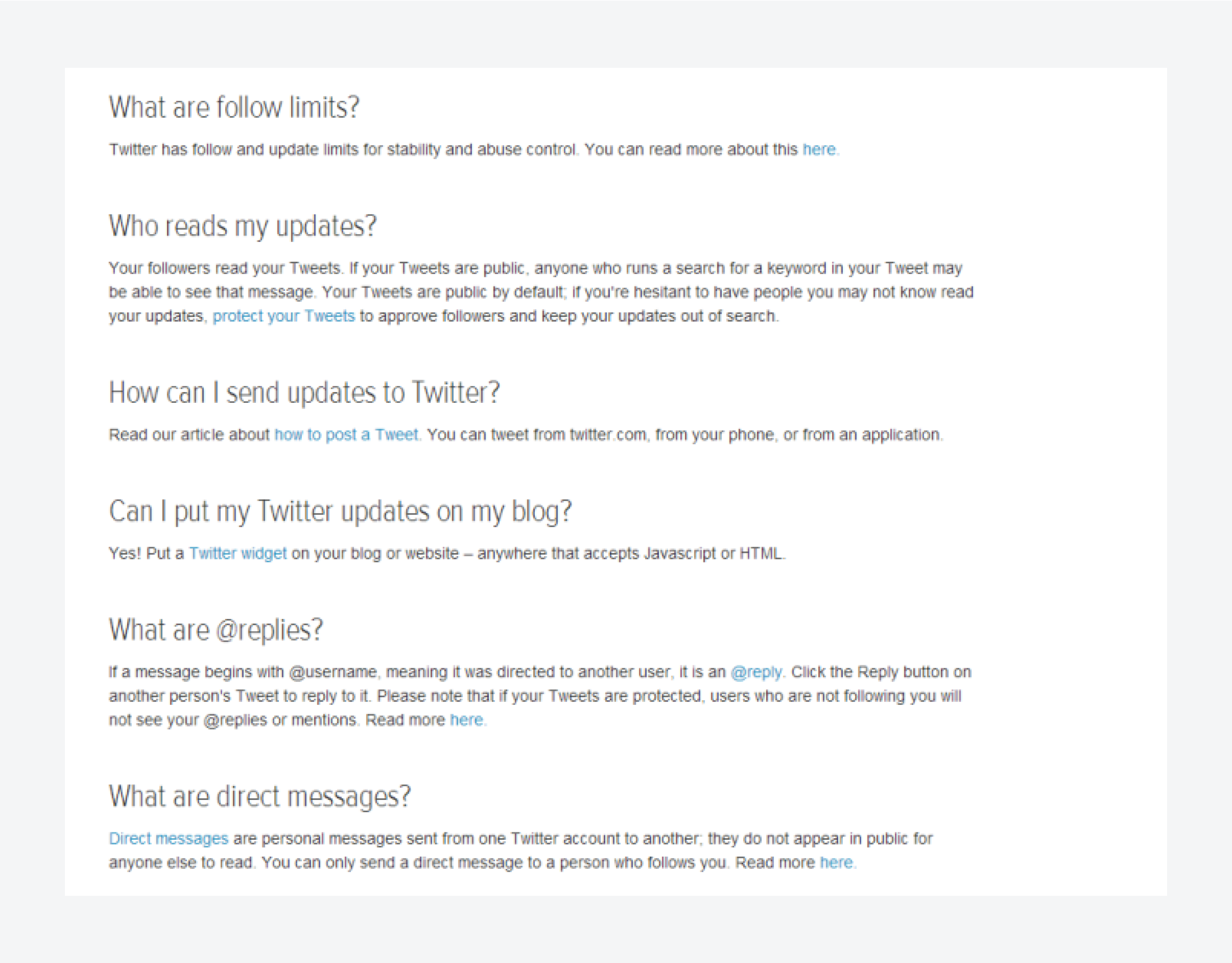  A FAQ page with questions about Twitter features, follow limits, updates, widgets, @replies, direct messages, with linked answers.