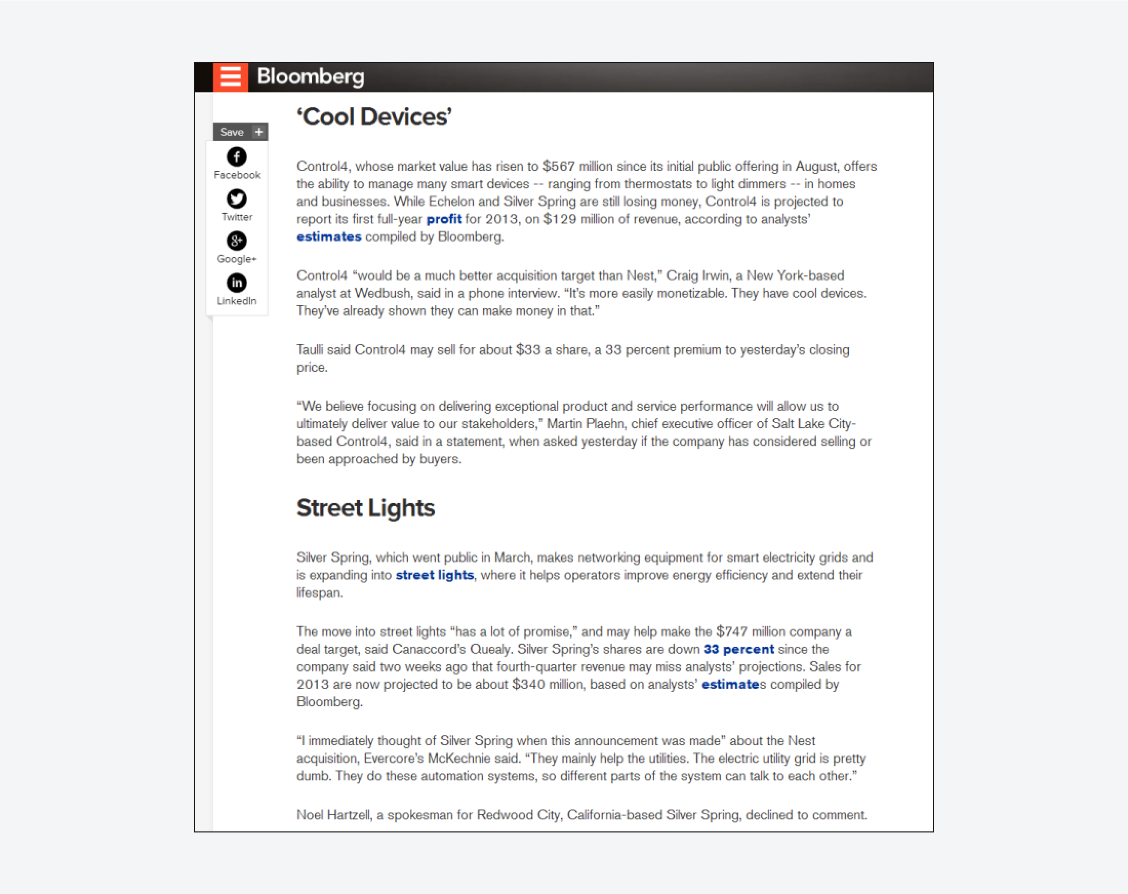 Bloomberg article featuring bolded text with inline links for terms like "profit," "estimates," "33 percent".