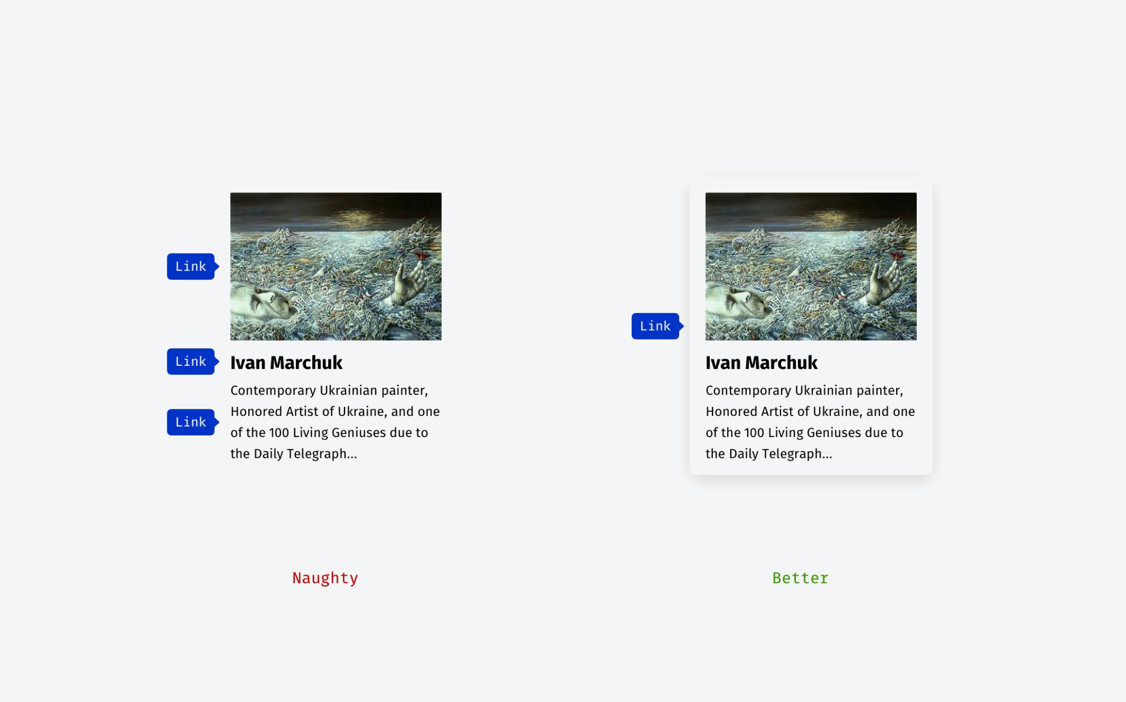 Two link designs: Left has separate links for image, title, and text ("Naughty"); right combines them into one clickable element ("Better").