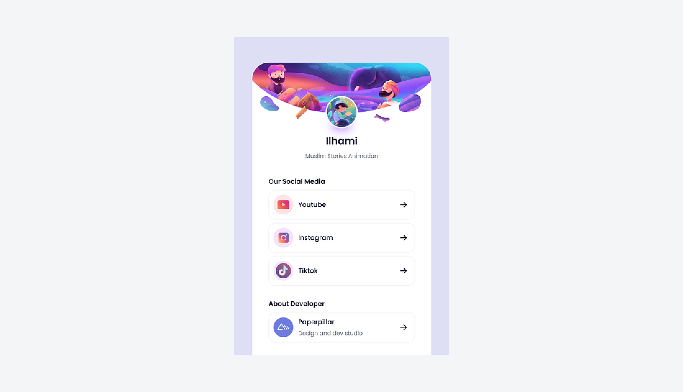 App screen featuring a colorful header, profile image, social media links for YouTube, Instagram, TikTok, and developer info by Paperpillar.