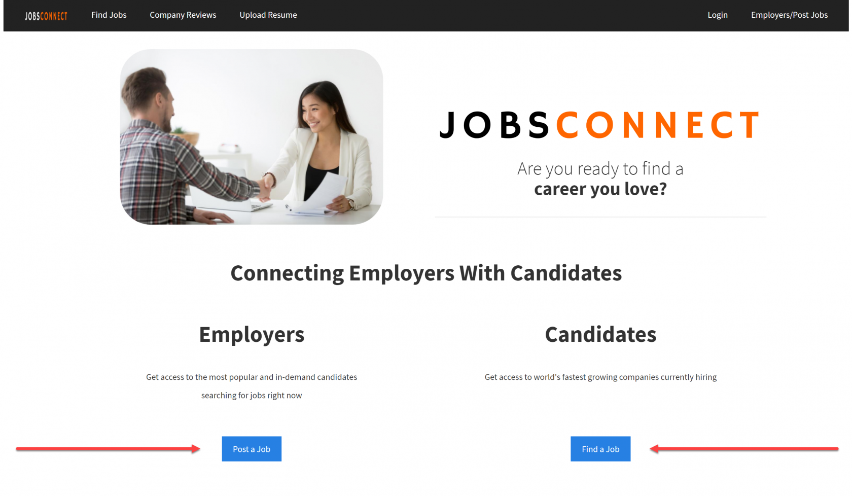 JobsConnect webpage with "Post a Job" and "Find a Job" links for employers and candidates.