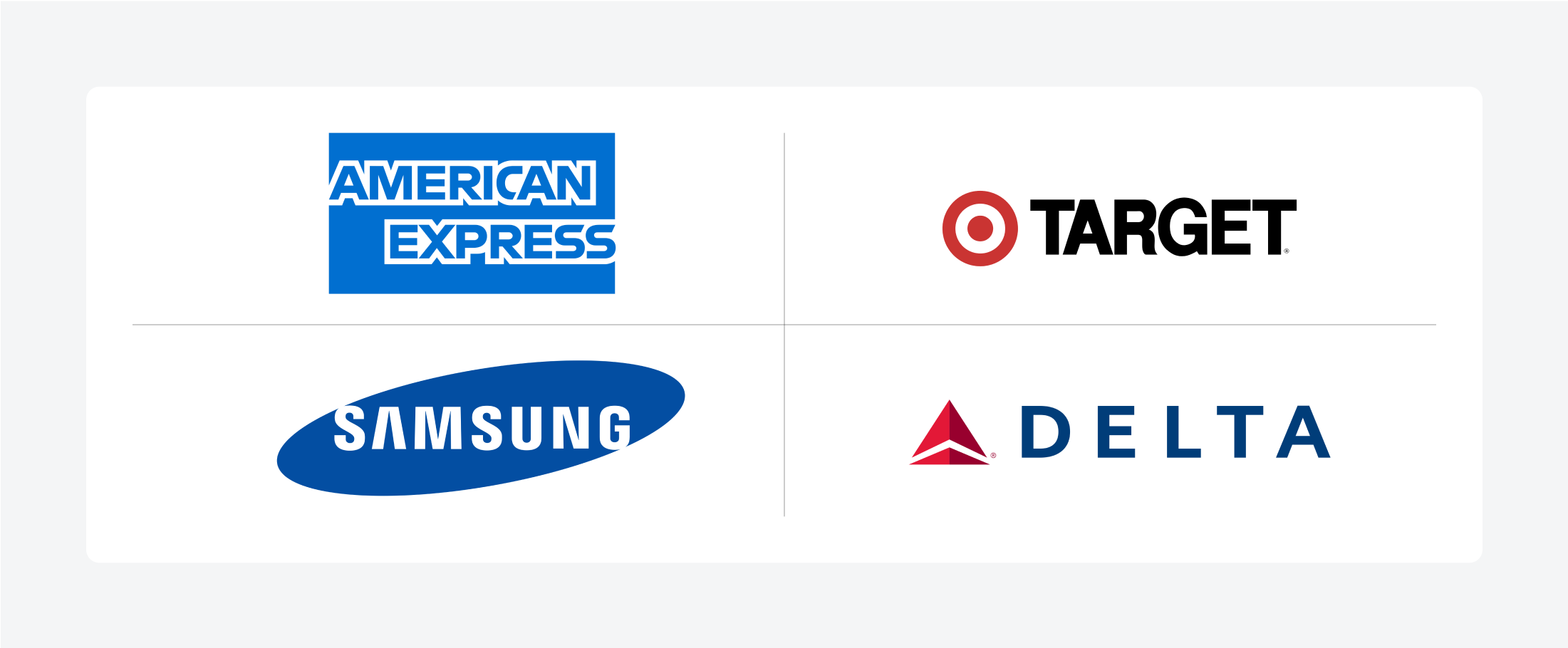 A collage featuring logos with geometric shapes from American Express, Target, Samsung, and Delta.