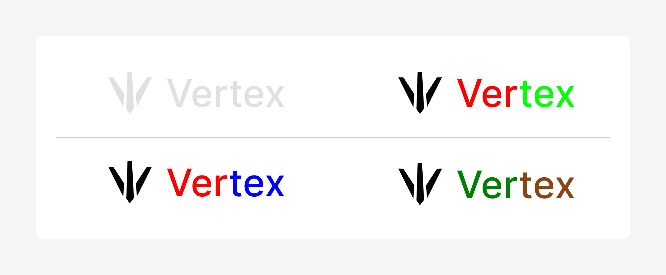 Vertex logo examples with color combinations that fail WCAG color contrast standards, including red and green, red and blue, and dark green with dark brown.