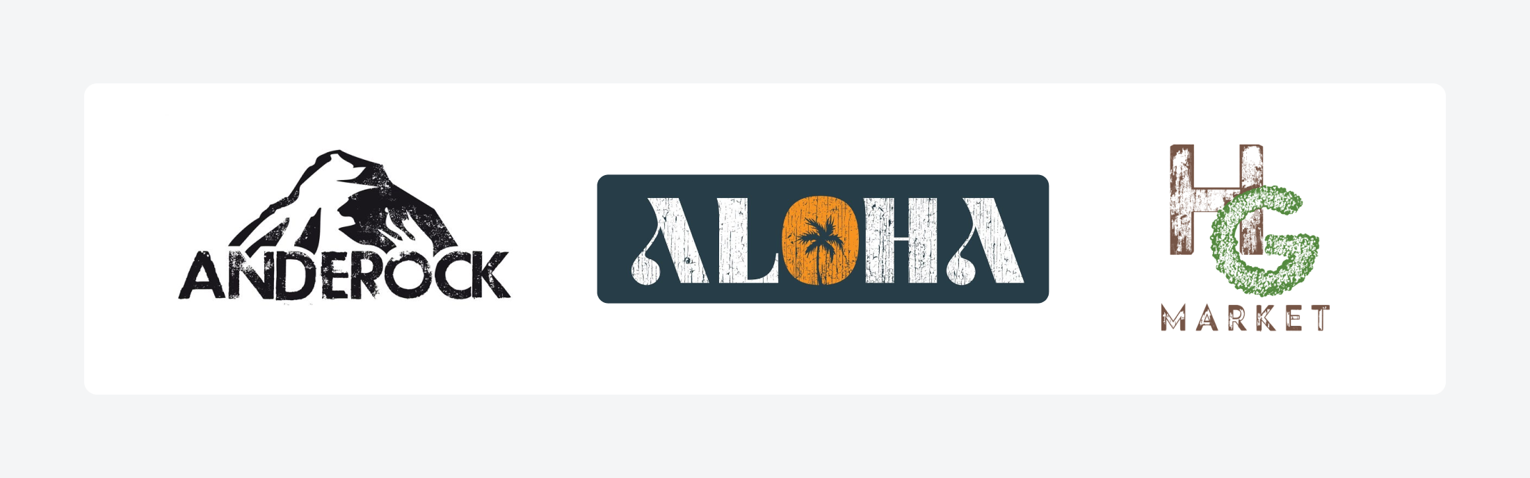 Examples of textured logos from Anderock, Aloha, and HG Market. 