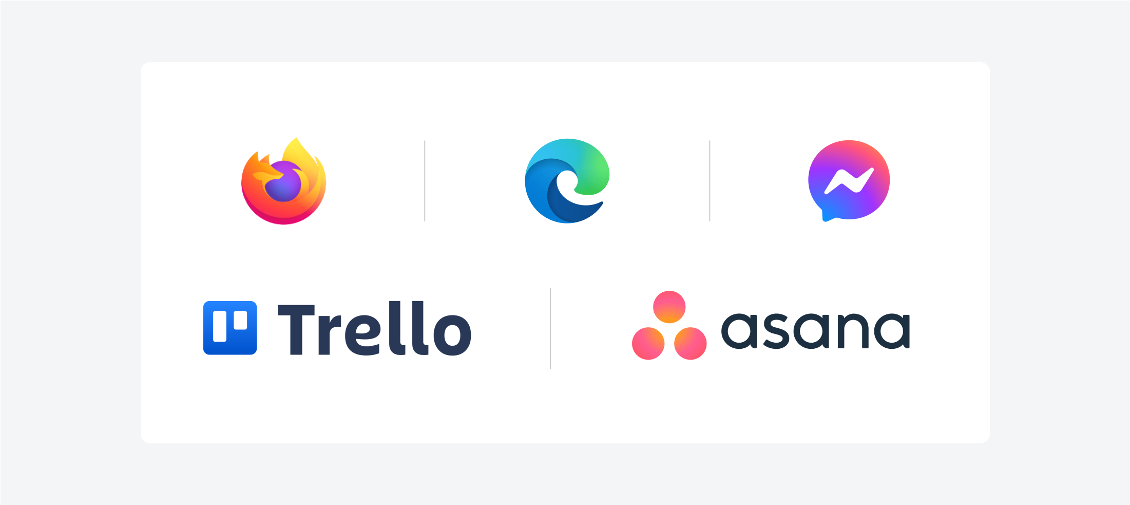 Examples of well-designed gradient logos from Firefox, Microsoft Edge, Facebook Messenger, Trello, and Asana.