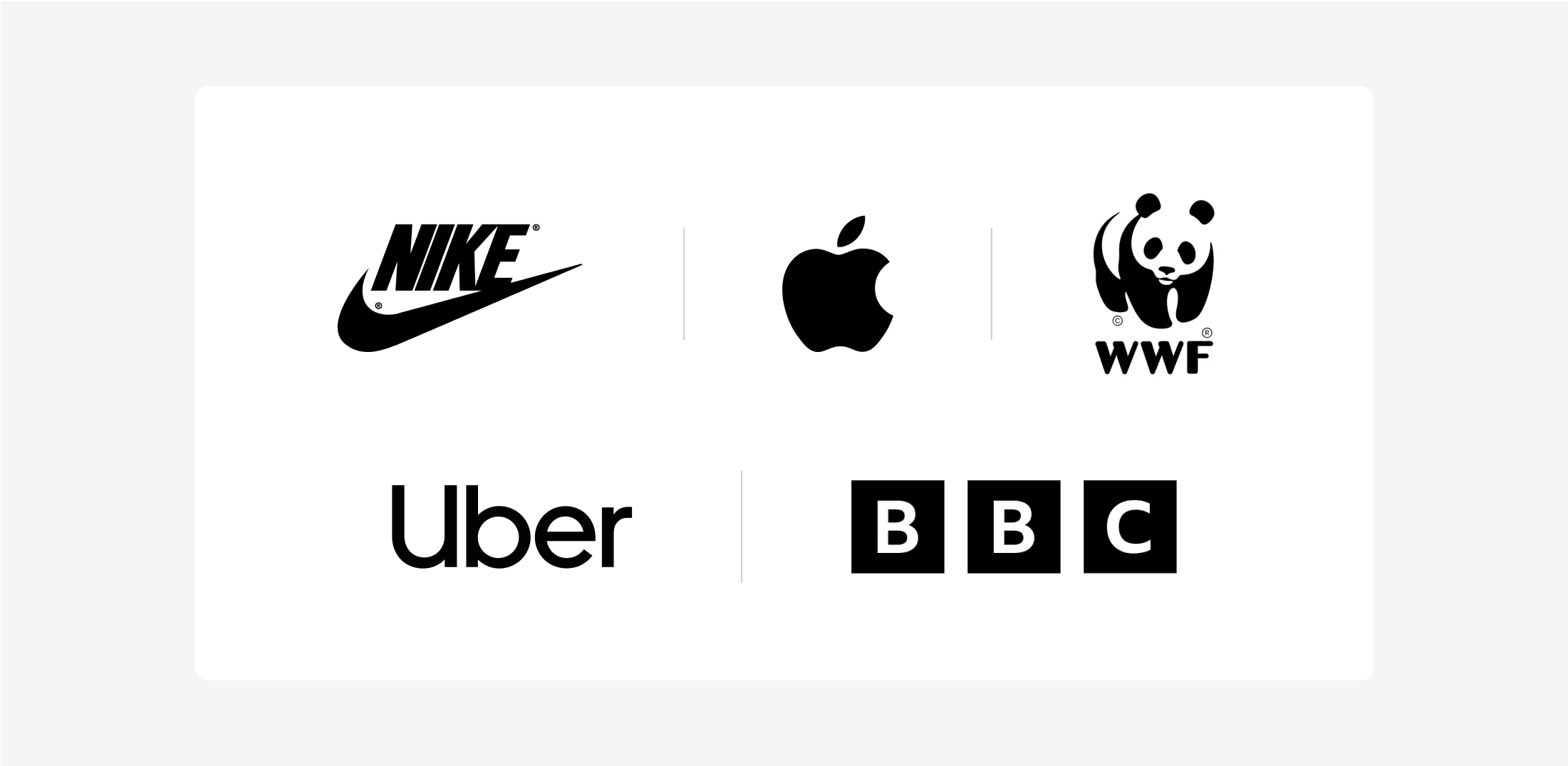 Good examples of black-and-white company logos from Nike, Apple, WWF, Uber, and BBC.