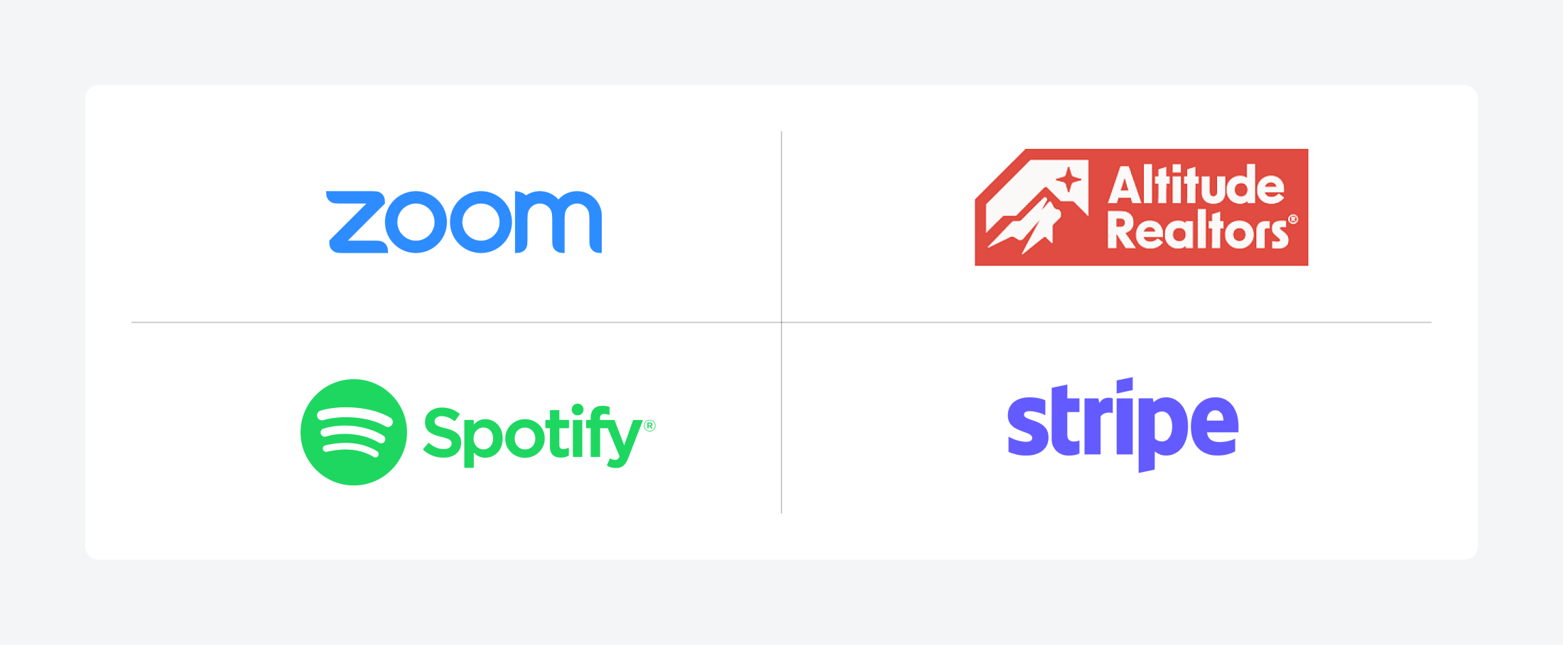 Good examples of monochrome logos from Zoom, Altitude Realtors, Spotify, and Stripe.