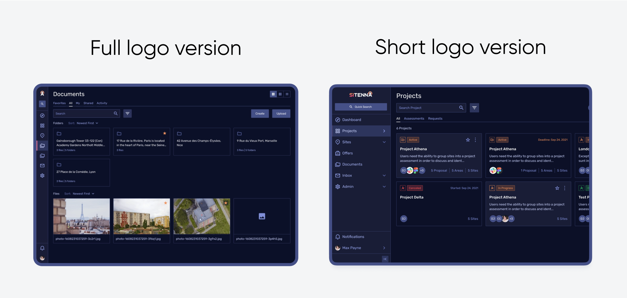 A comparison of two UI screens showcasing different logo versions. The screen on the left uses a full logo version, while the screen on the right features a short logo version.