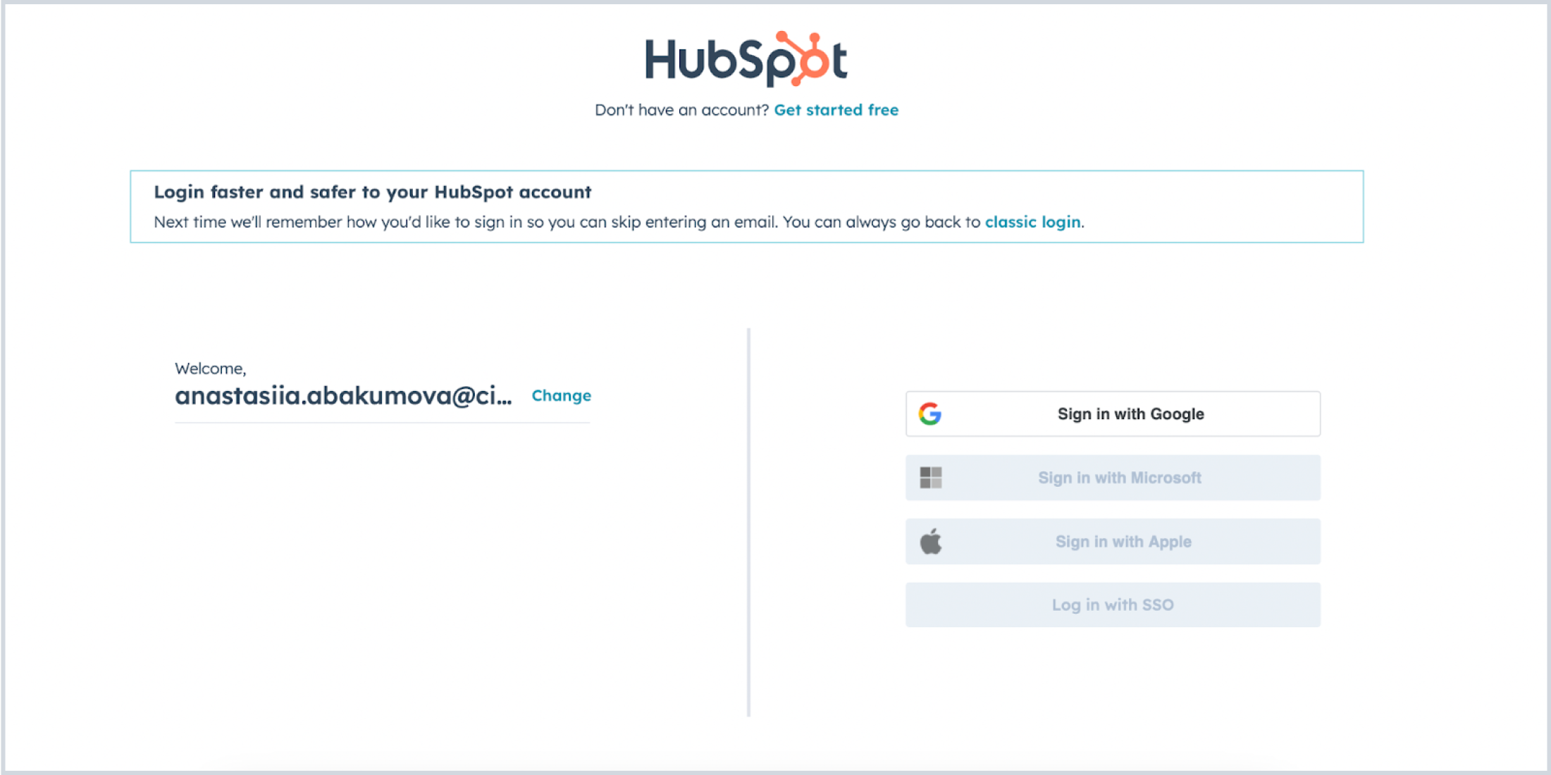 HubSpot login page with the HubSpot logo prominently placed in the center at the top. The page features login options, including Sign in with Google, Microsoft, Apple, and Log in with SSO.