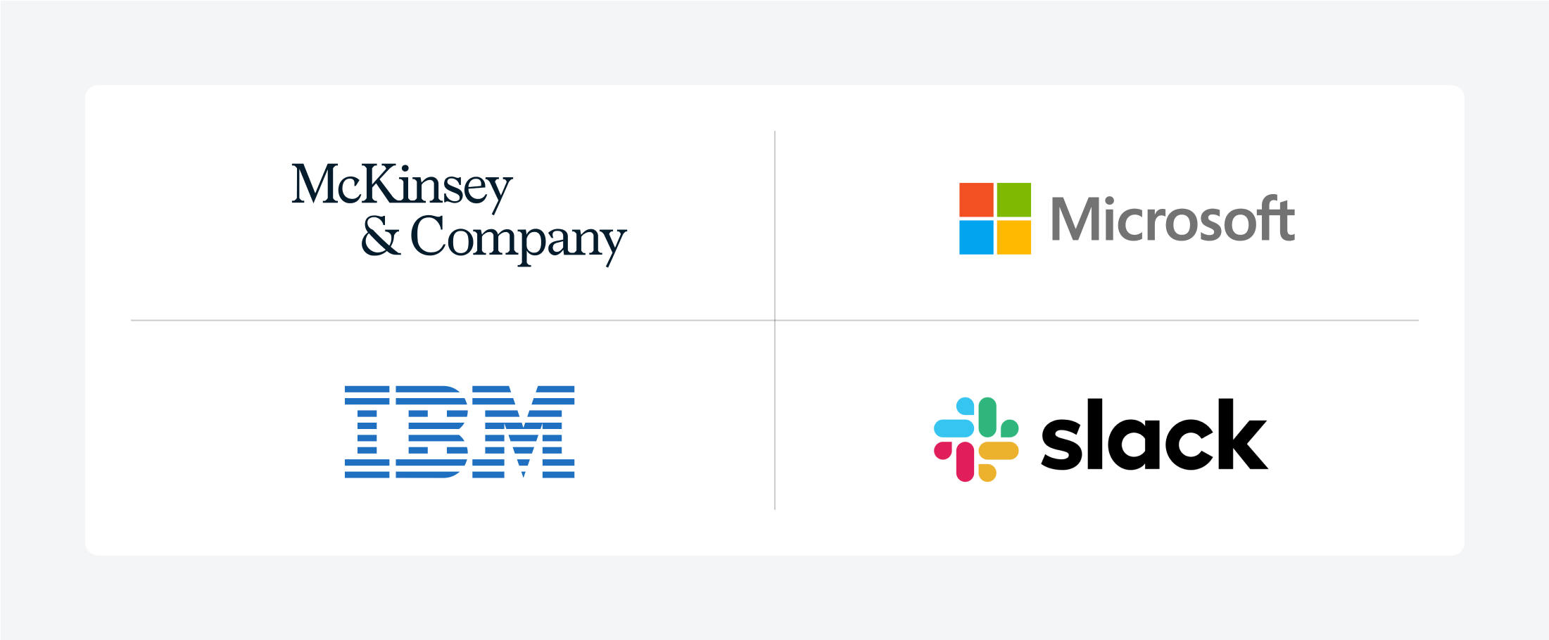 A collage showcasing logos of McKinsey & Company, Microsoft, IBM, and slack, demonstrating the principle of timelessness in logo design.