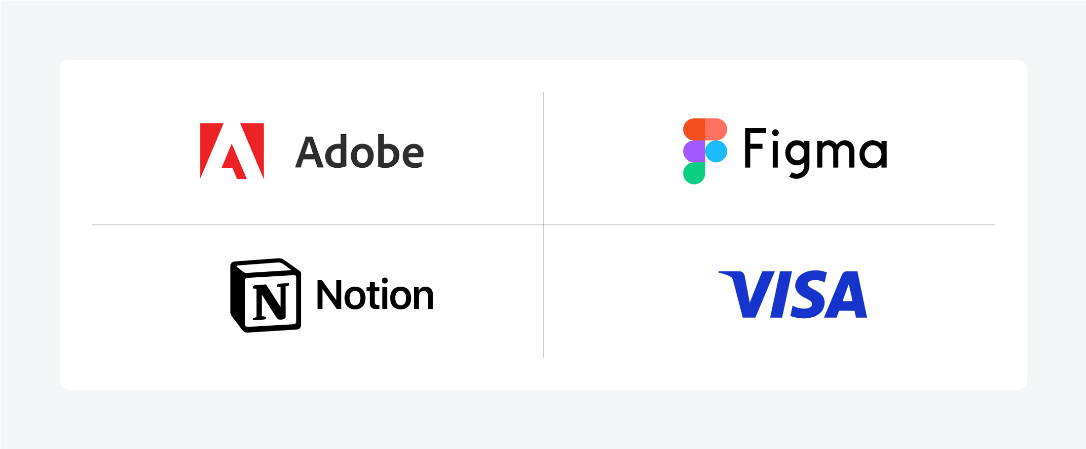 A collage showcasing logos of Adobe, Figma, Notion, and Visa, demonstrating the professional choice of colors in logo design.