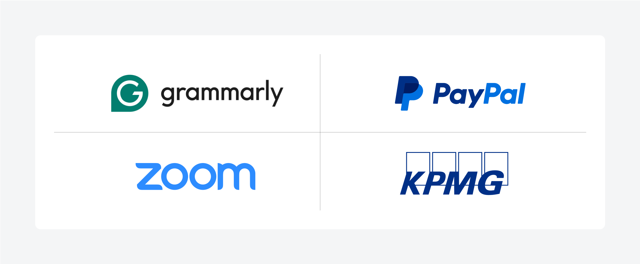 A collage showcasing logos of Grammarly, PayPal, Zoom, and KPMG, demonstrating the professional choice of typography in logo design.