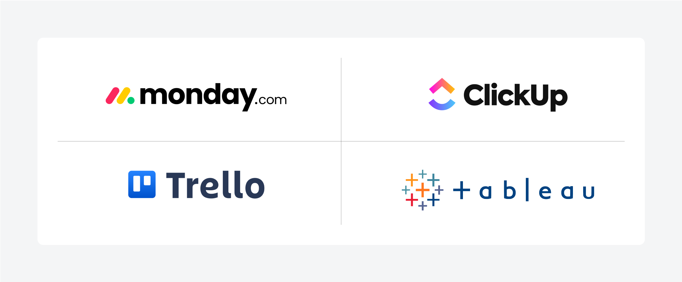 A collage showcasing logos of Monday, ClickUP, Trello, and Tableau, demonstrating a good visual balance in logo design.