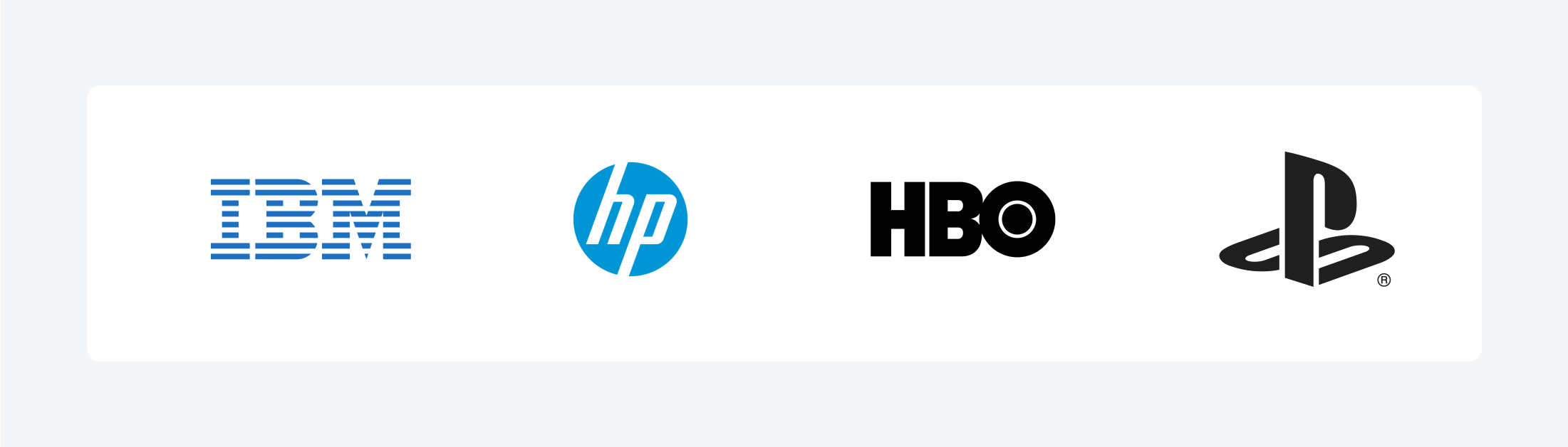 A collage featuring lettermark logos from IBM, HP, HBO, and PlayStation.