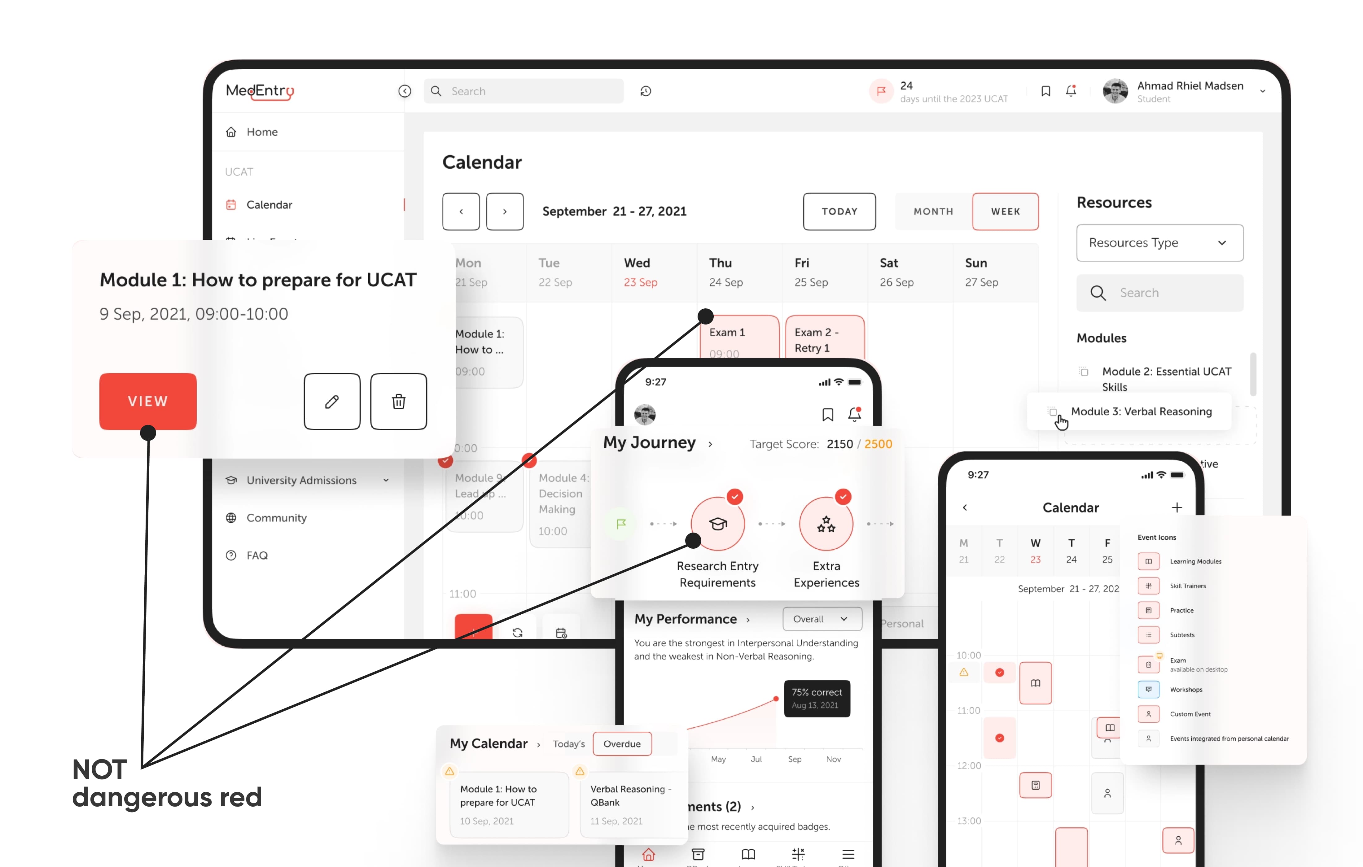 Educational platform interface showcasing features such as calendar, resources, and performance tracking, highlighted with red accents.