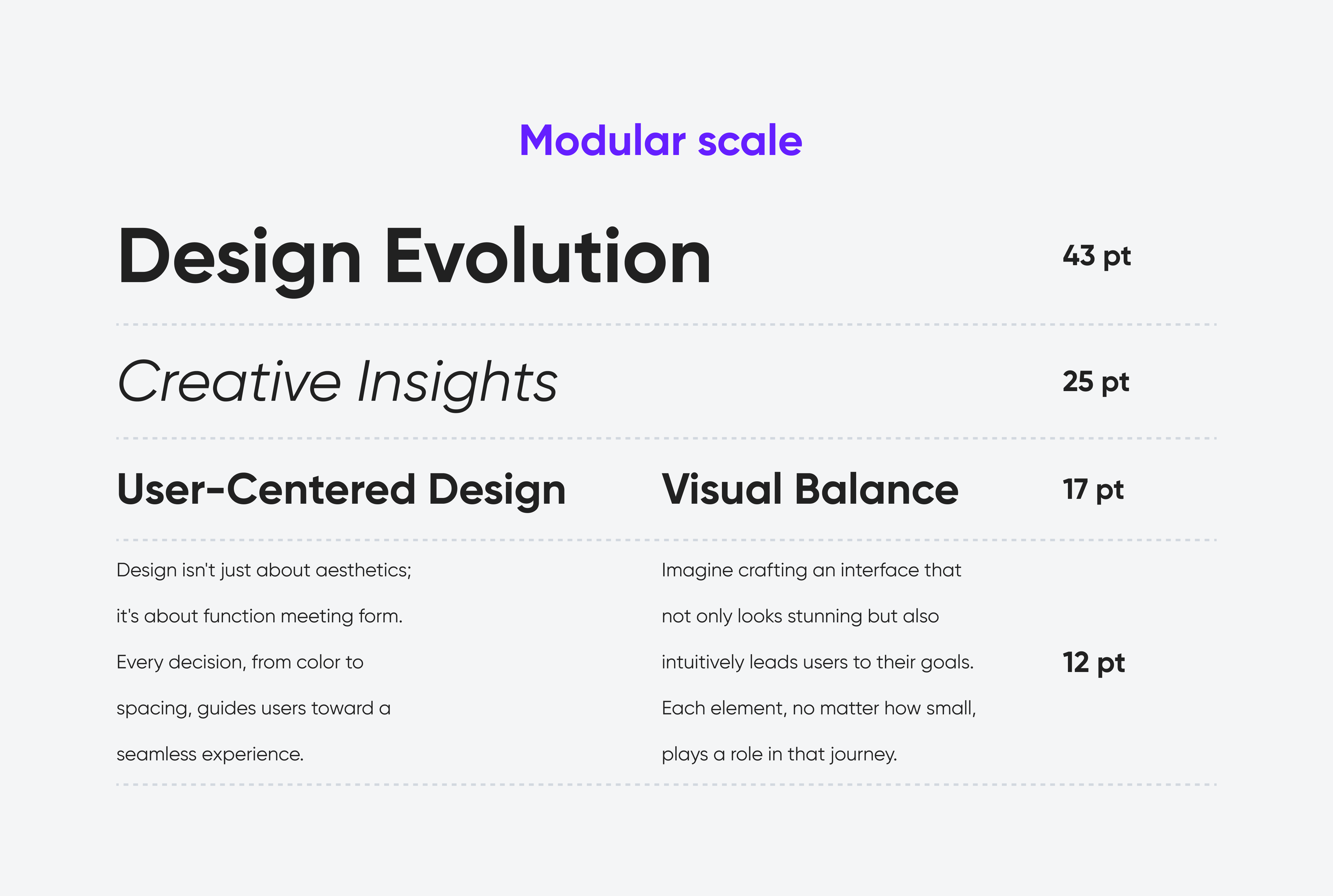 Text hierarchy example with 'Design evolution' (43pt), 'Creative insights' (25pt), 'User-centered design' & 'Visual balance' (17pt), and body text (12pt).