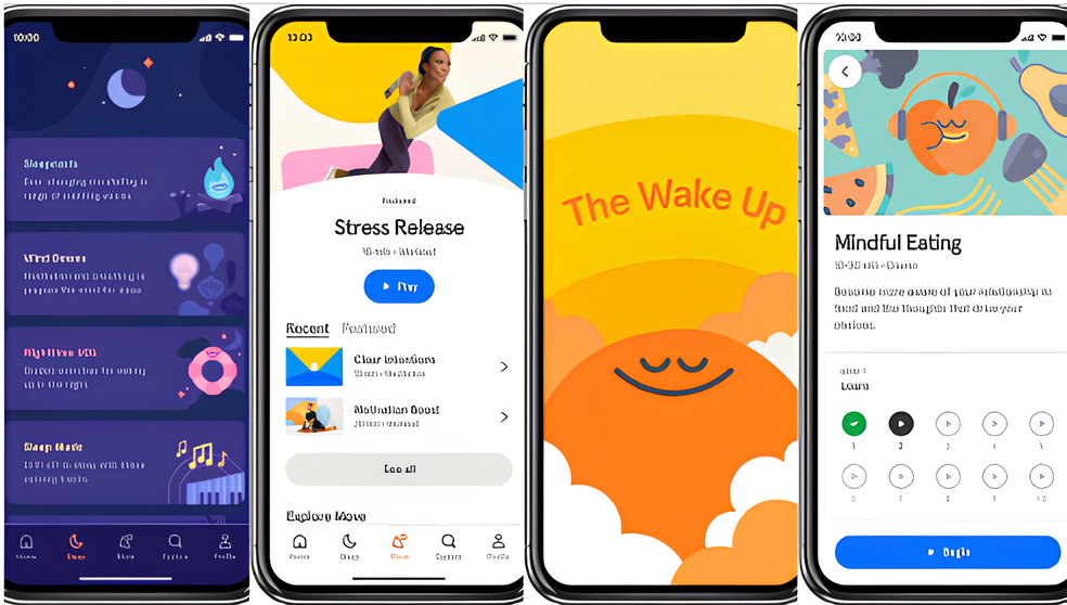 Four mobile screens showing different sections of a wellness app, featuring sleep aids, stress relief workouts, morning routines, etc.