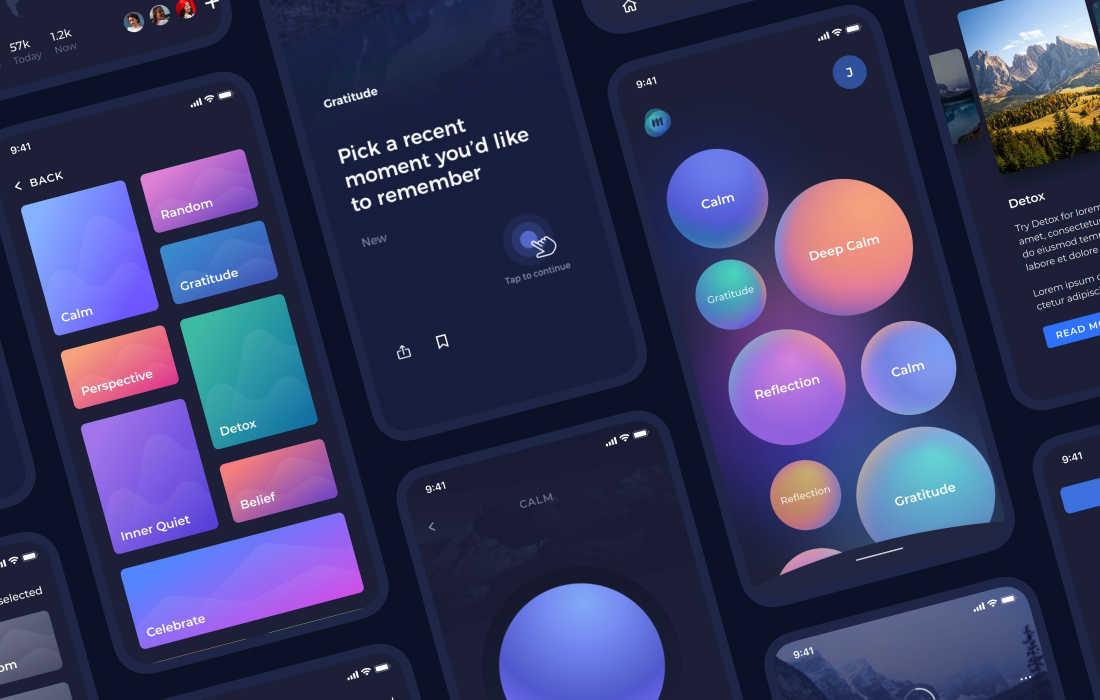 Interface from the meditation app featuring purple and blue colors.