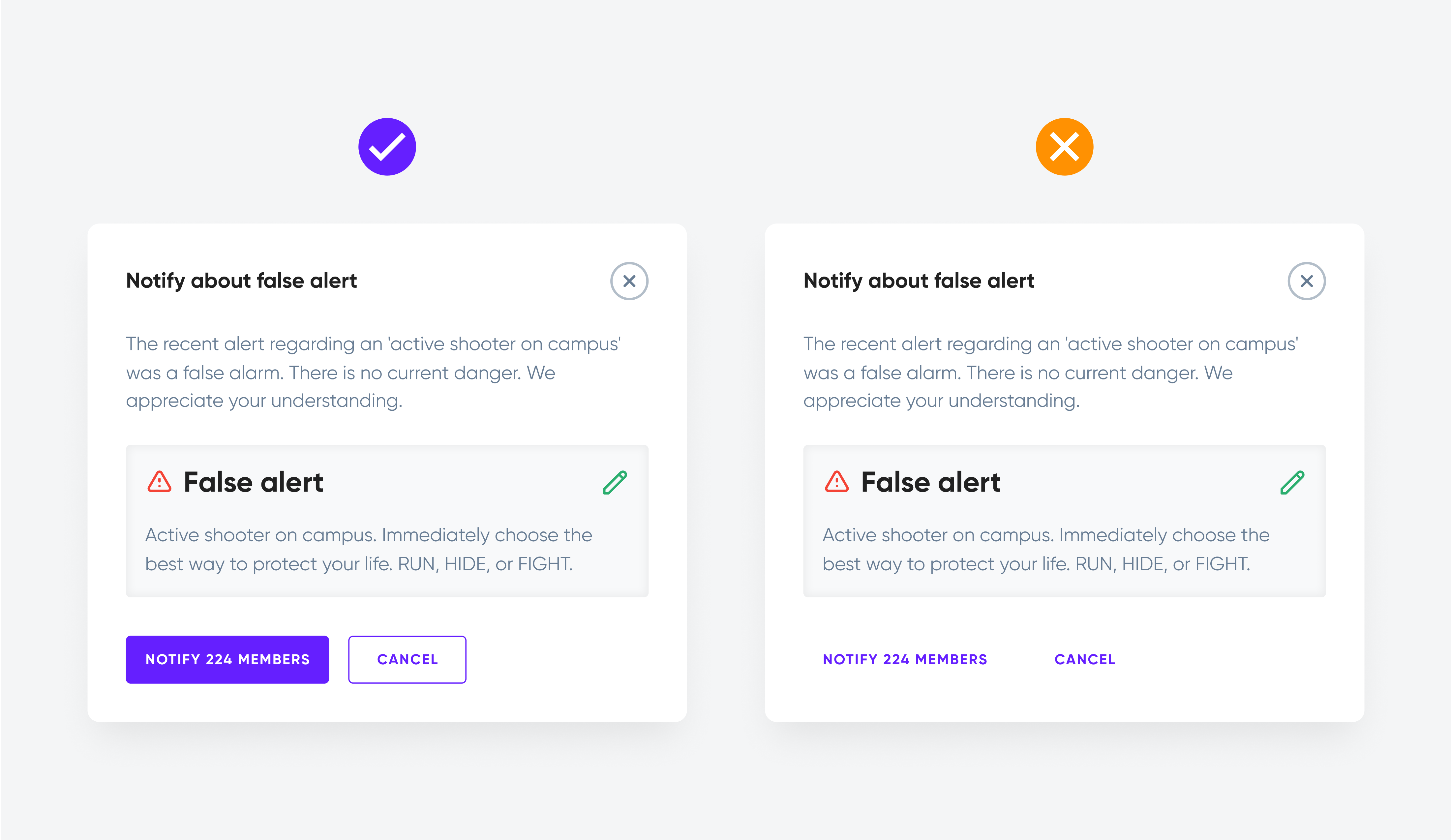 Two "Notify about false alert" dialogs: one with filled and outlined buttons, the other with text buttons only.