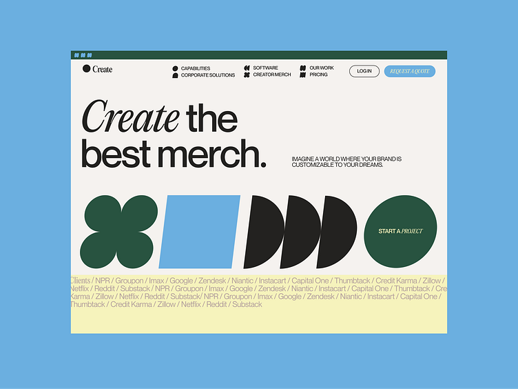 A website advertises a service to create the best merchandise with a minimalist design and a "Start a project" button.