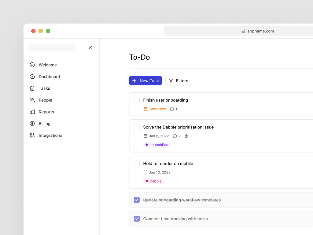 Task management dashboard with a to-do list, including tasks marked with due dates, tags, and checkboxes for completed items.