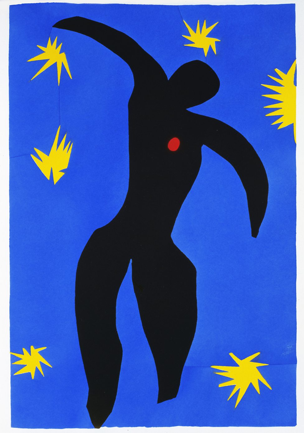 Henri Matisse’s artwork "Icarus" featuring a black silhouette of a figure against a blue background with yellow star-like shapes.