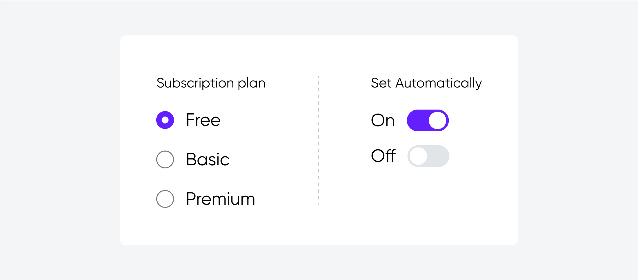 Two UIs: radio buttons for "Subscription plan" (Free selected, Basic, Premium) and a toggle switch for "Set Automatically" (On active).