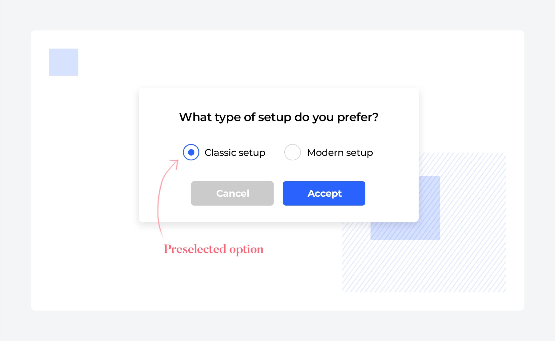 A popup asks, "What type of setup do you prefer?" with radio buttons. "Classic setup" is preselected, and buttons for "Cancel" and "Accept."