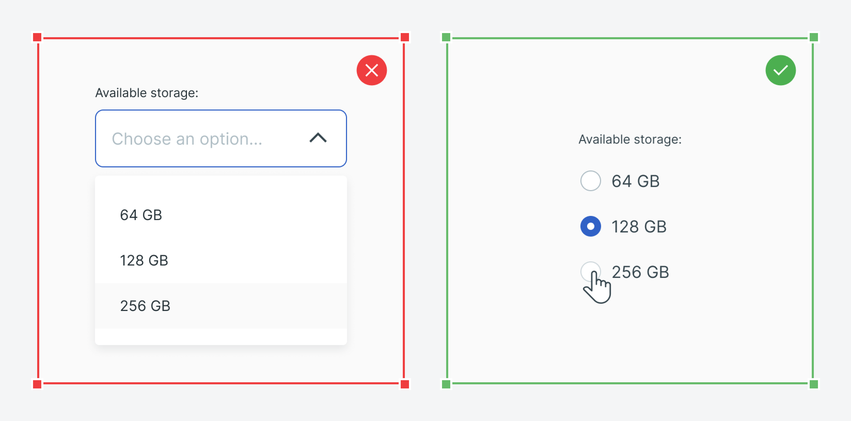 UI comparison for selecting storage options: Left - dropdown menu. Right - radio buttons with 128 GB selected and 256 GB hovered.