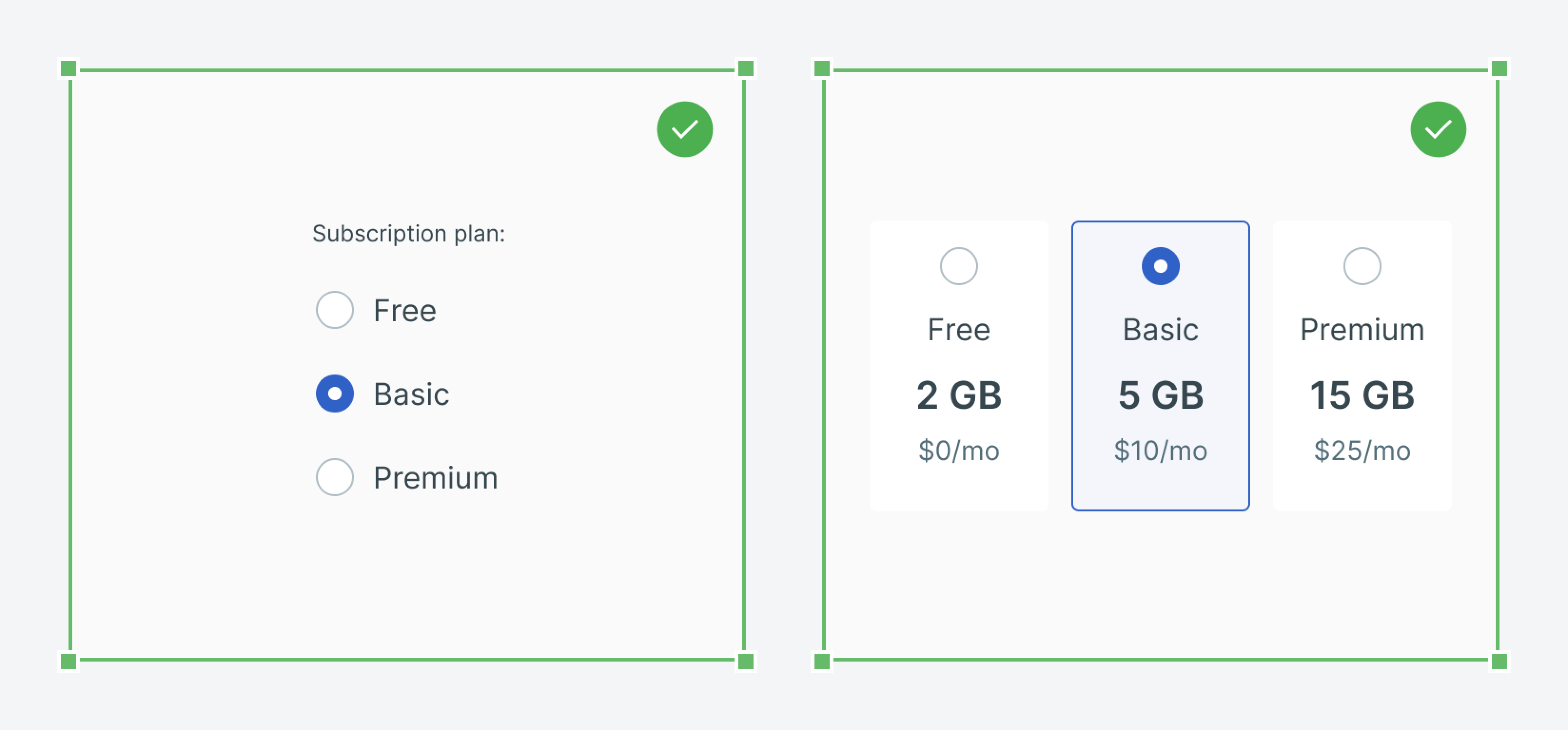 Two subscription plan UIs: Left - radio buttons with 'Basic' selected. Right - plan cards with 'Basic' highlighted and selected.