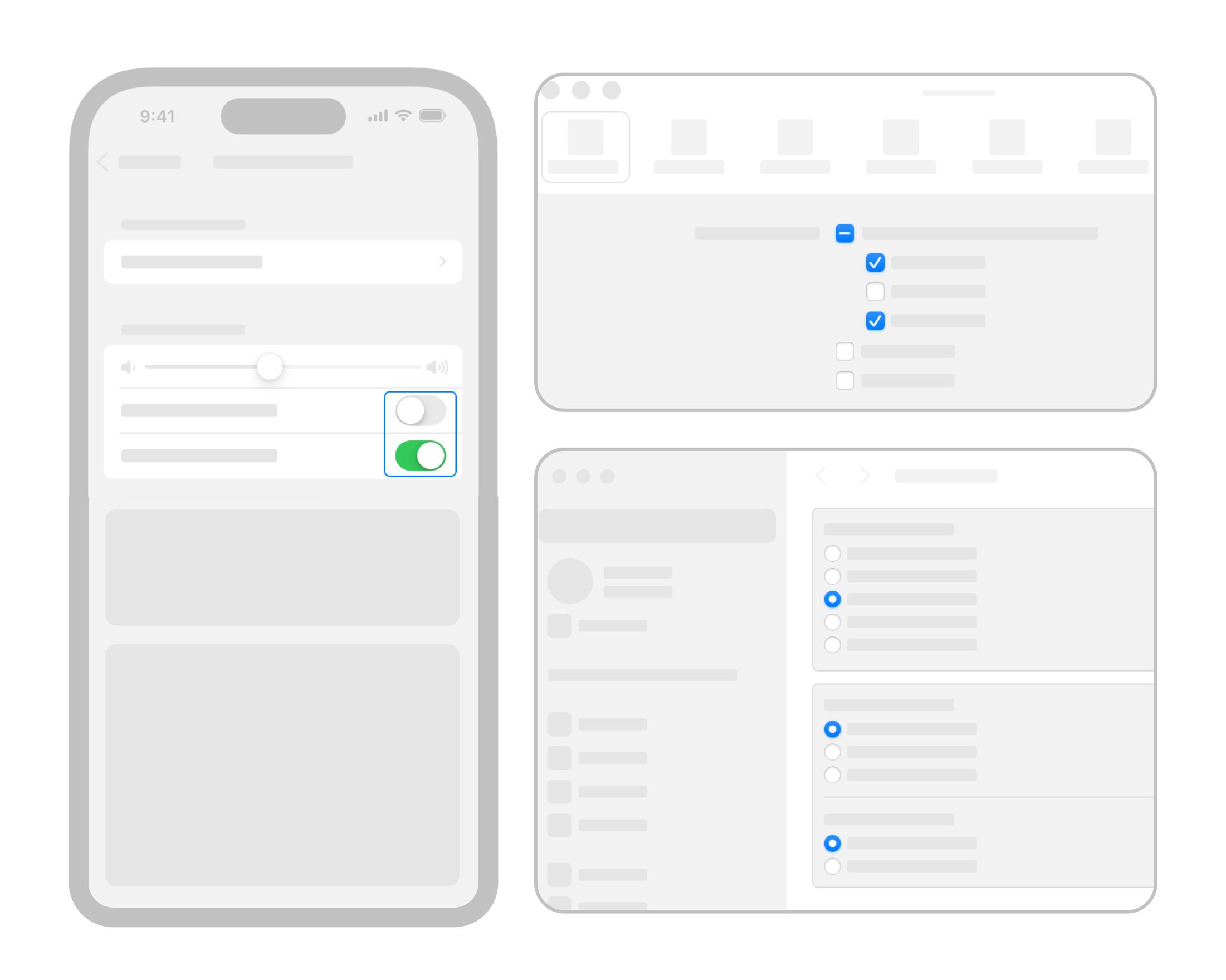 The image shows two UIs: a mobile screen with toggle switches and a desktop view with checkboxes.