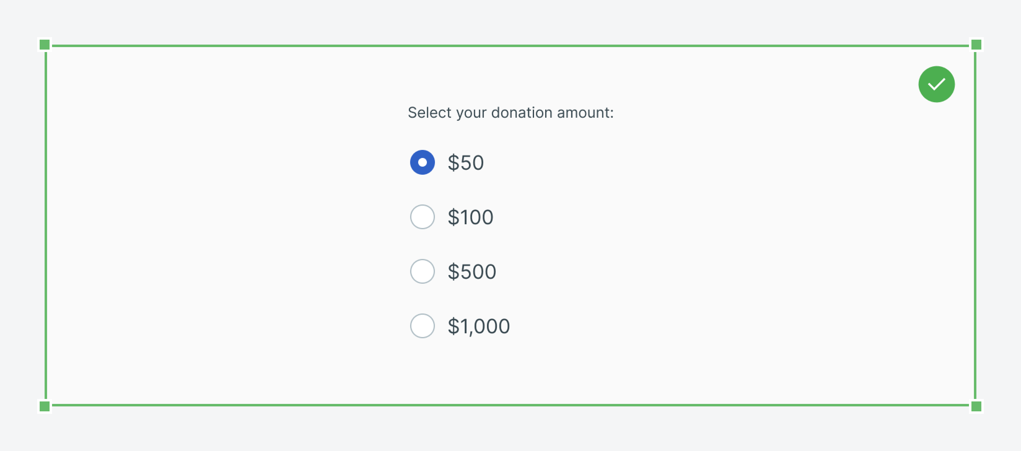 A list of donation options from $50 to $1,000 with radio buttons and a selected option of $50.