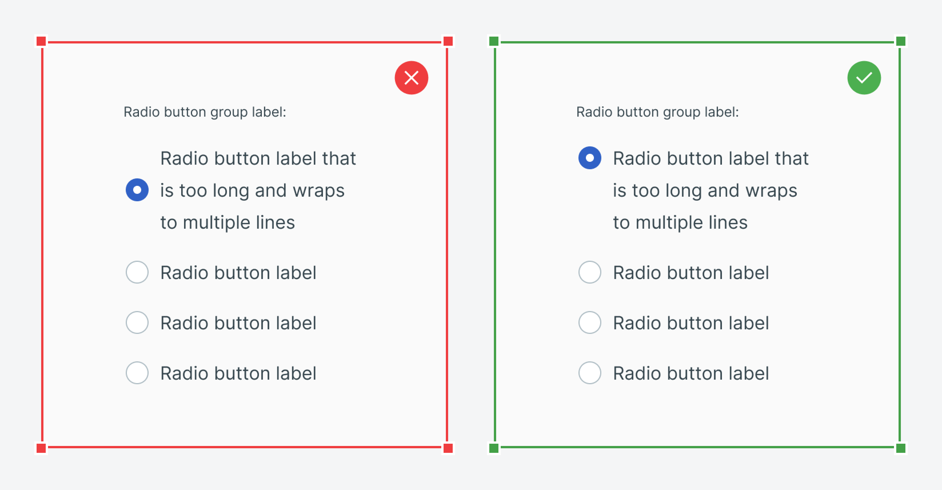 Two UI cards show radio buttons. The left card has poor button alignment. The right card has proper alignment