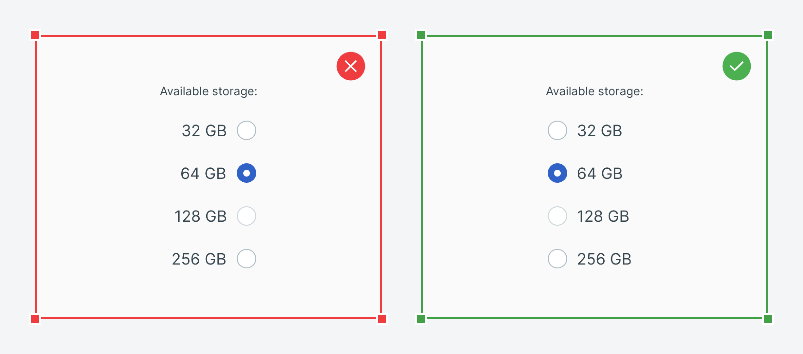 Two UI cards show radio buttons for storage options. Left: labels on the right. Right: labels on the left with 64 GB selected.