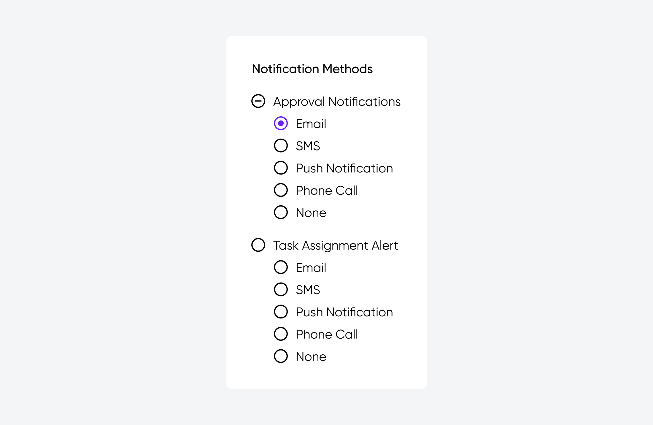  Image with "Notification Methods" with radio buttons for Approval Notifications (Email selected) and Task Assignment Alert (none selected).