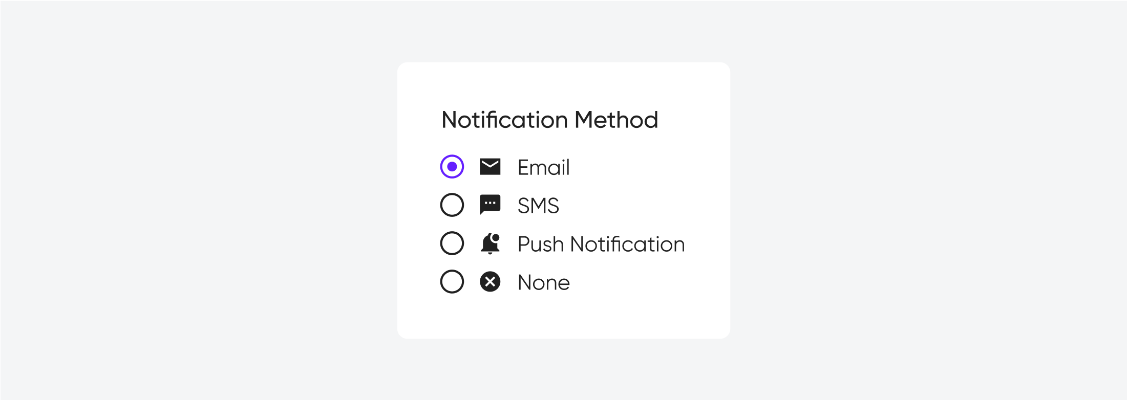 "Notification Method" UI with radio buttons and icons. "Email" is selected, other unselected options are SMS, Push Notification, and None.