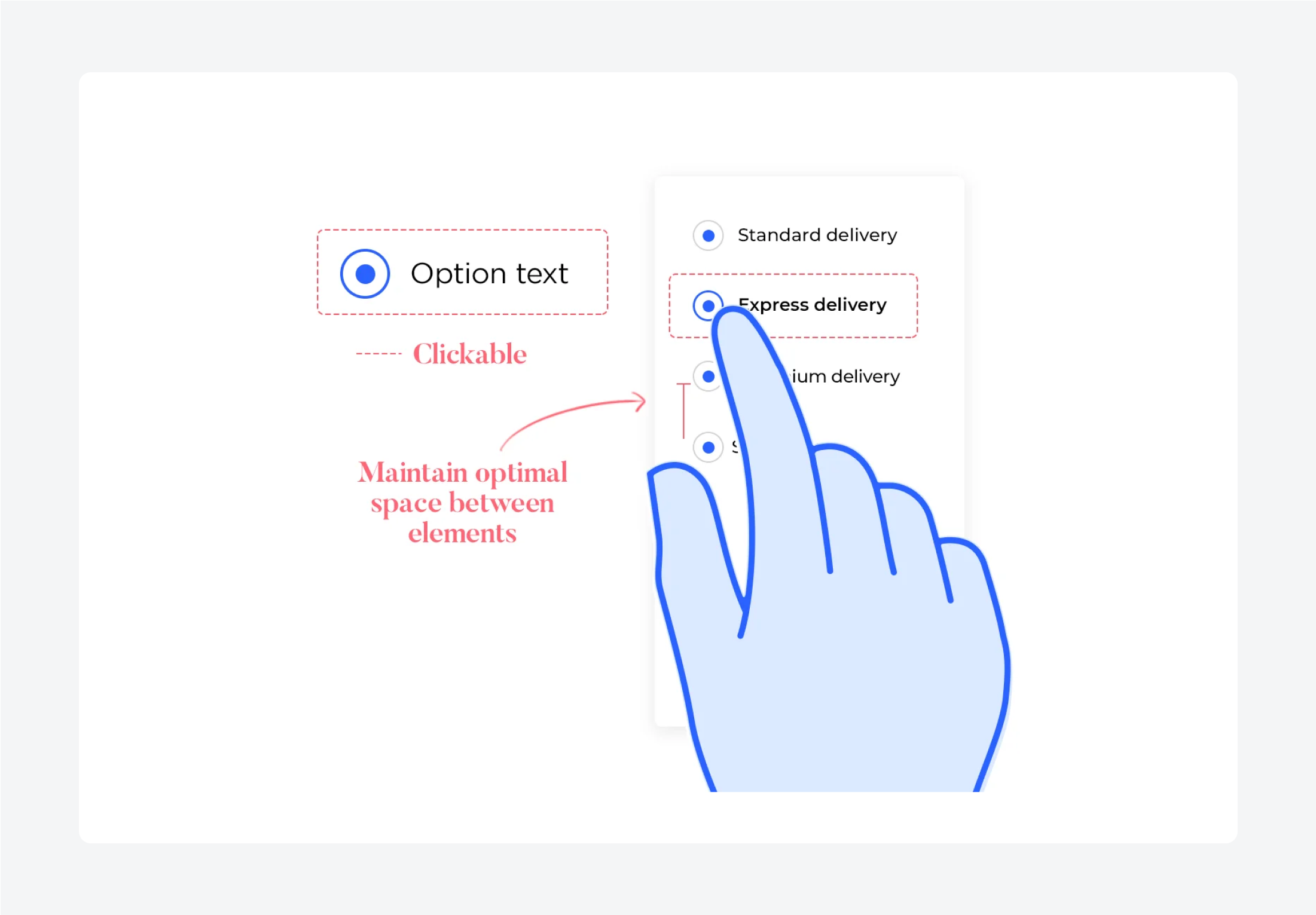  A UI with delivery options with radio buttons. "Express delivery" is selected. Labels note clickable text, optimal spacing between elements.