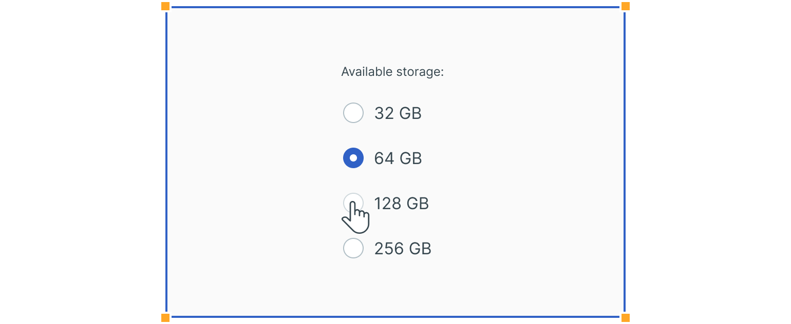 Radio button group for selecting storage options: 32 GB, 64 GB (selected), 128 GB (hovered with cursor), 256 GB, under 'Available storage'