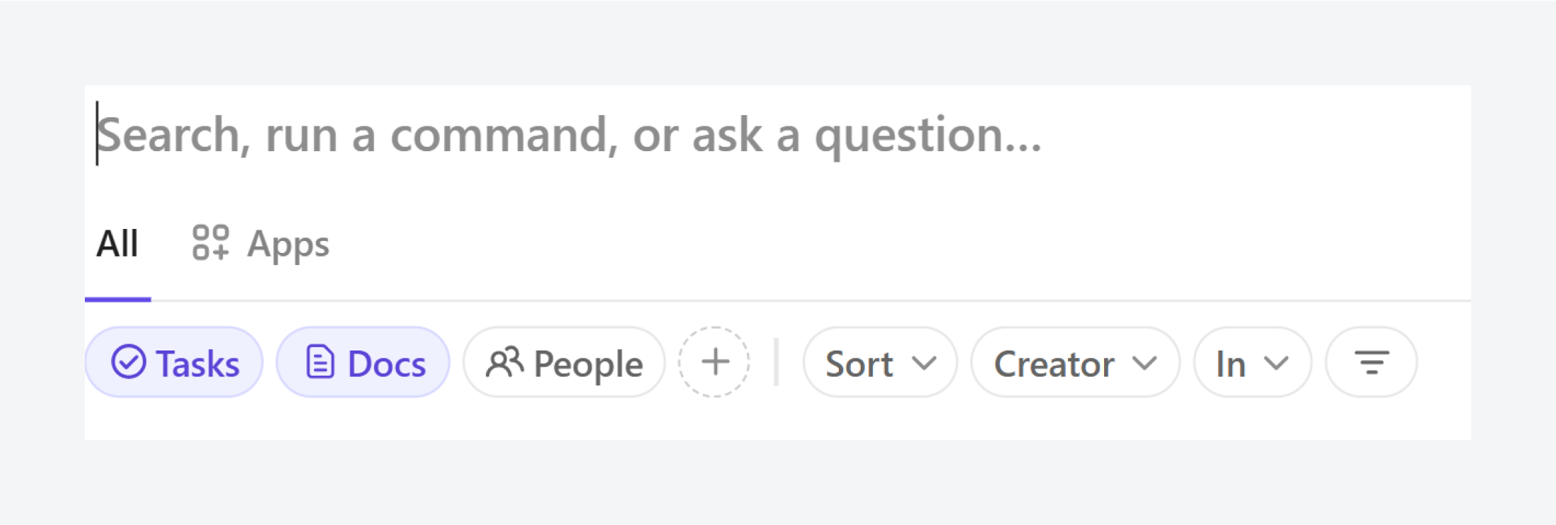 Search bar with the placeholder text "Search, run a command, or ask a question..." accompanied by filters for tasks, docs, people, and more.