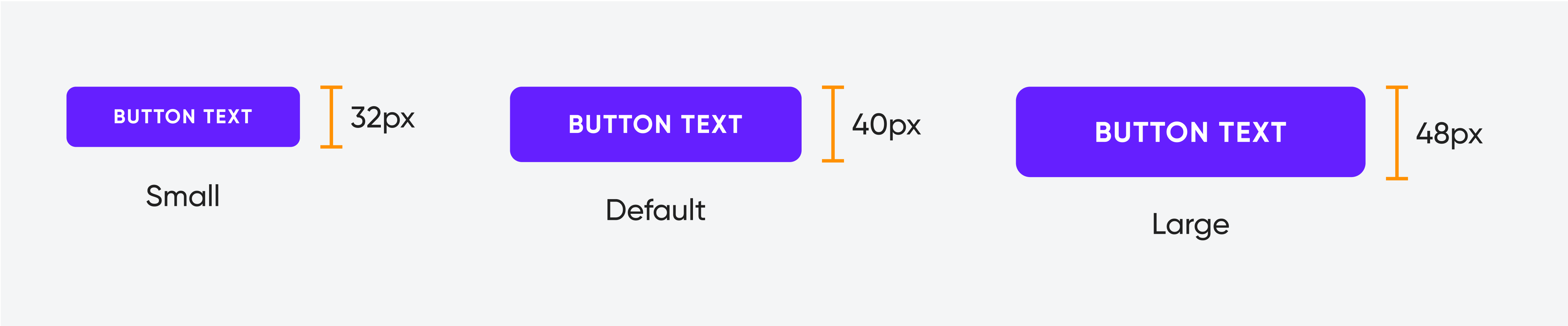 Button sizes: Small (32px), Large (40px), Extra Large (48px), all labeled "Button Text.