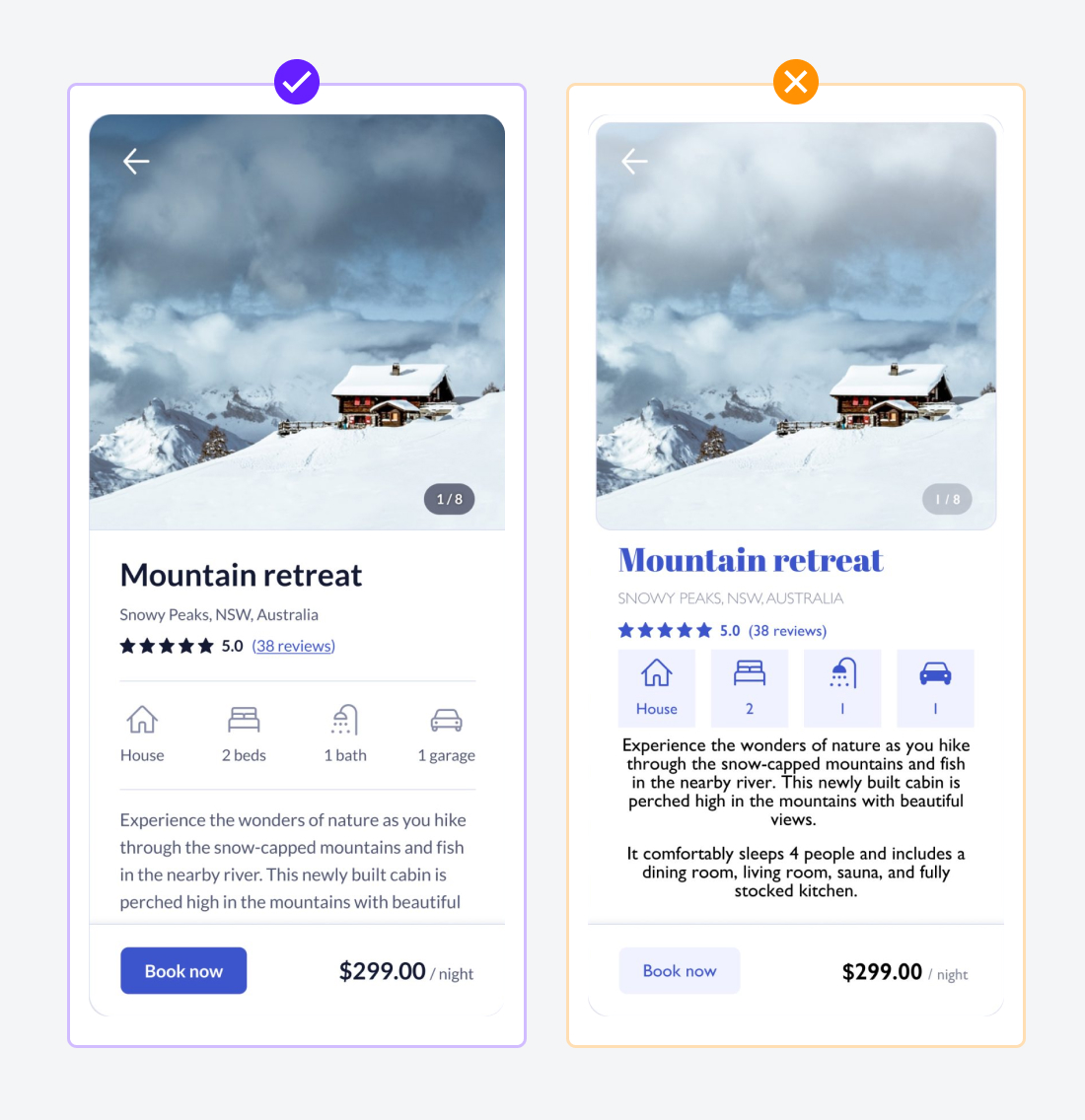 Two mockups of booking app interfaces – one with a legible and accessible typeface, the other with an illegible and inaccessible typeface.