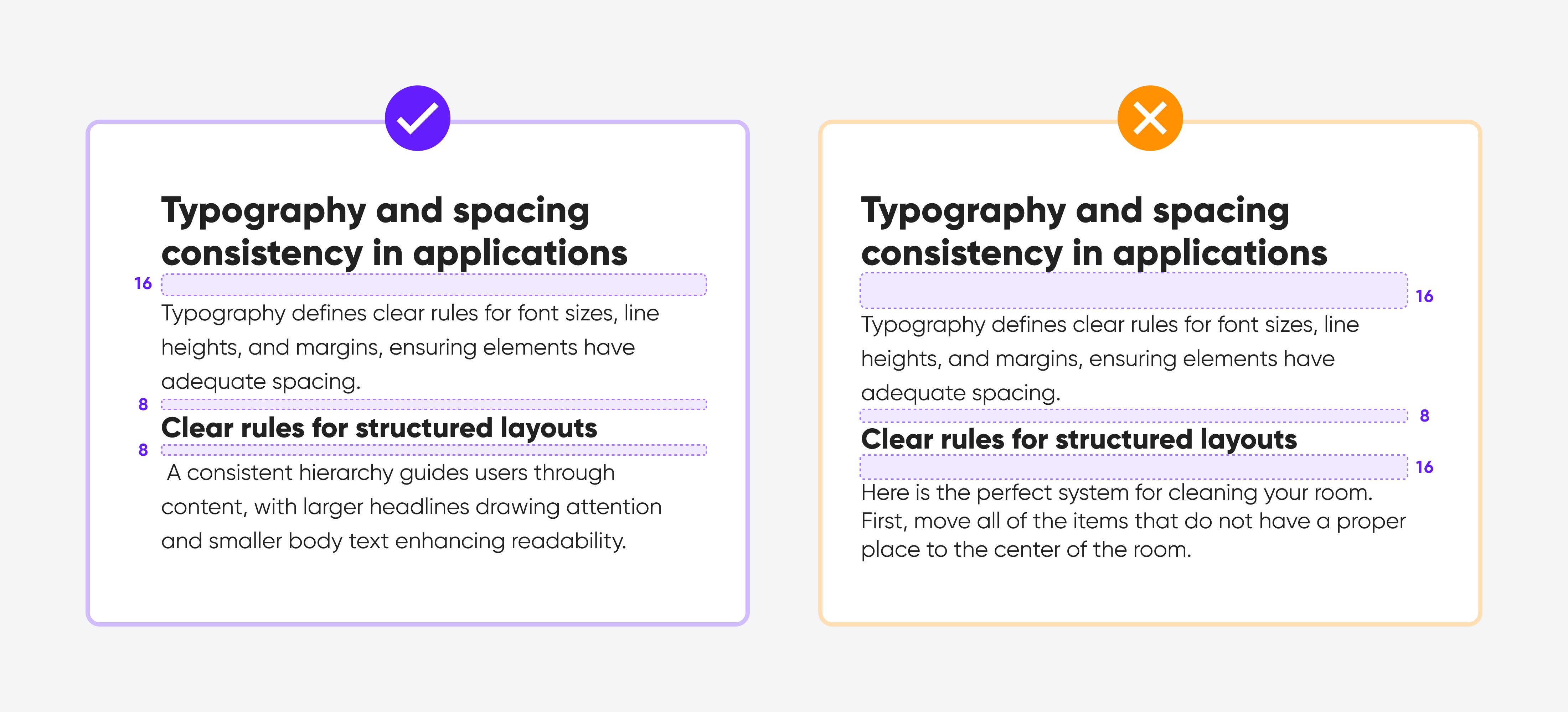 Good and bad examples of combining vertical rhythm with layout grids.