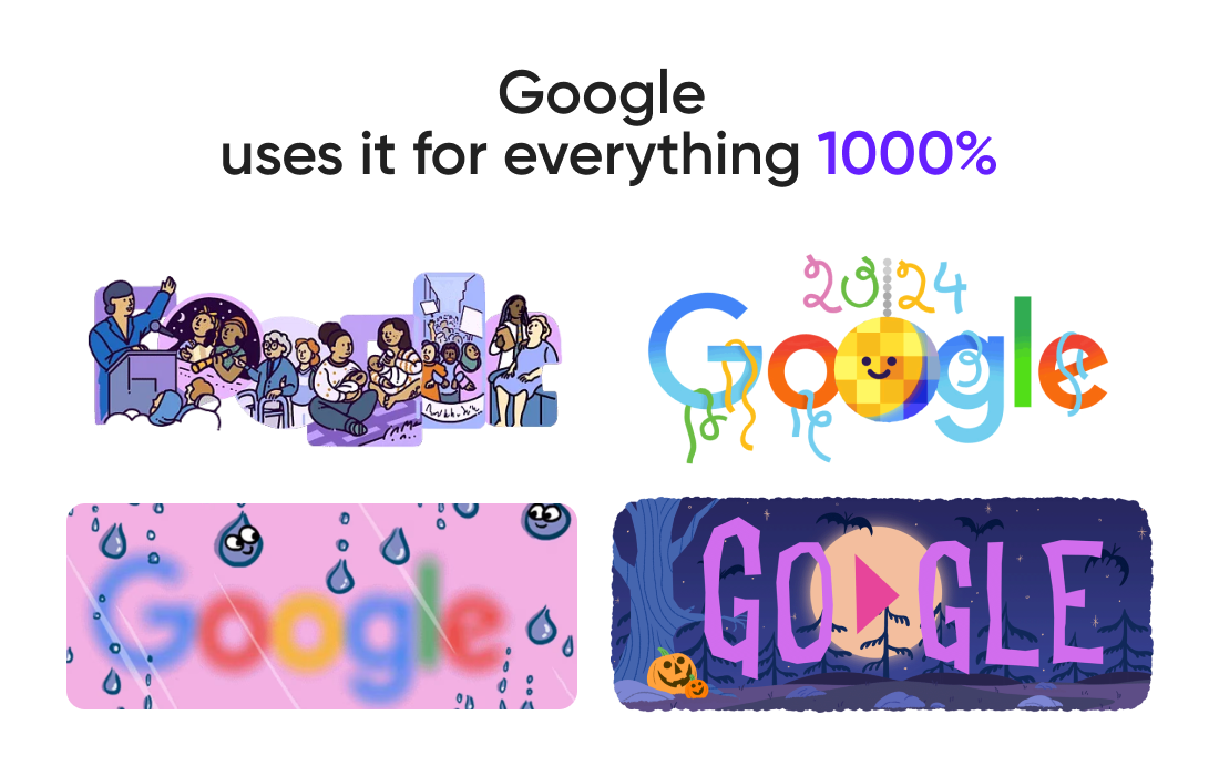 A Google Doodle image collection with various doodles, including educational themes, celebratory events, raindrops, and Halloween designs.