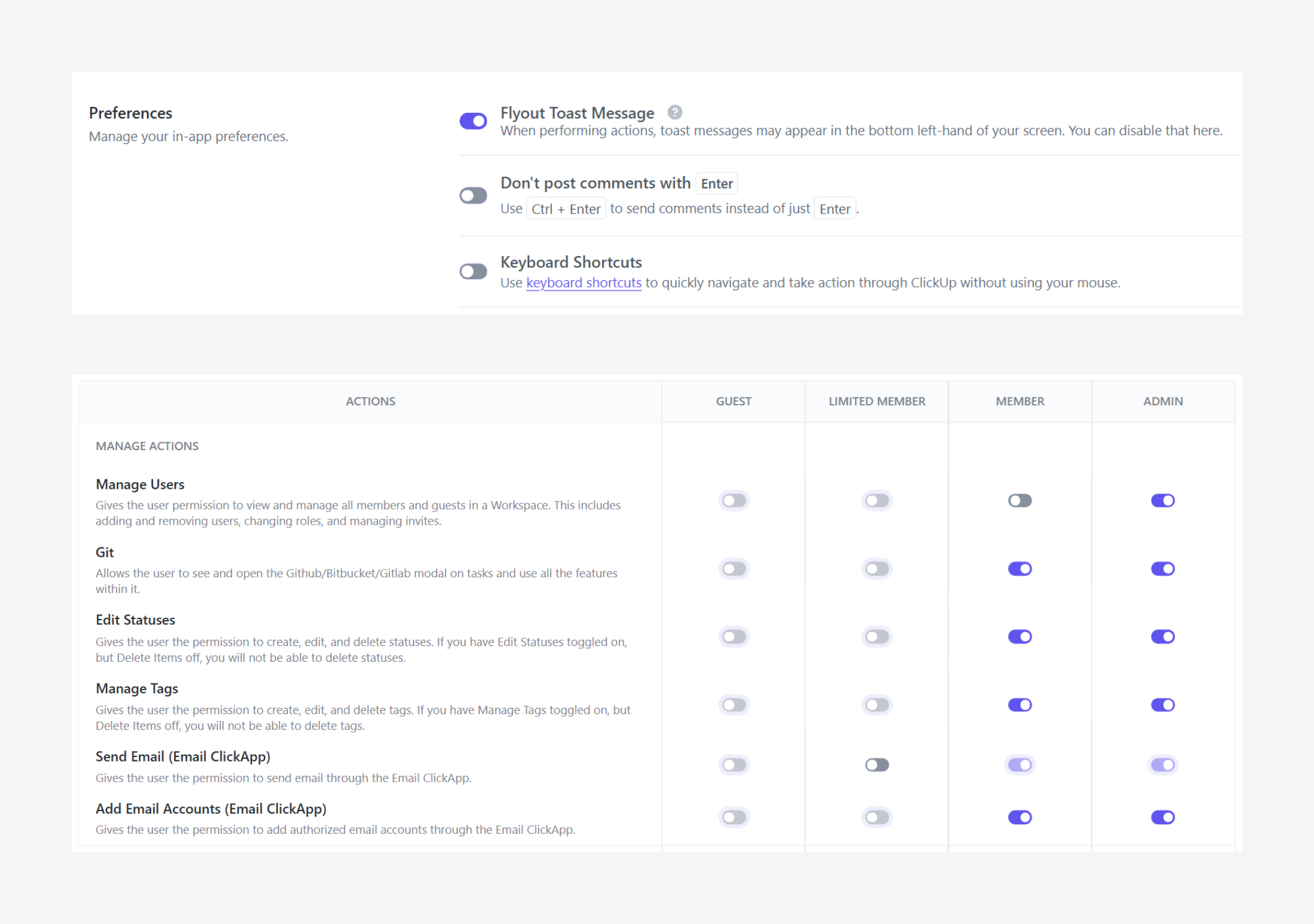 ClickUp using toggle switches for setting individual in-app preferences and space roles configurations.