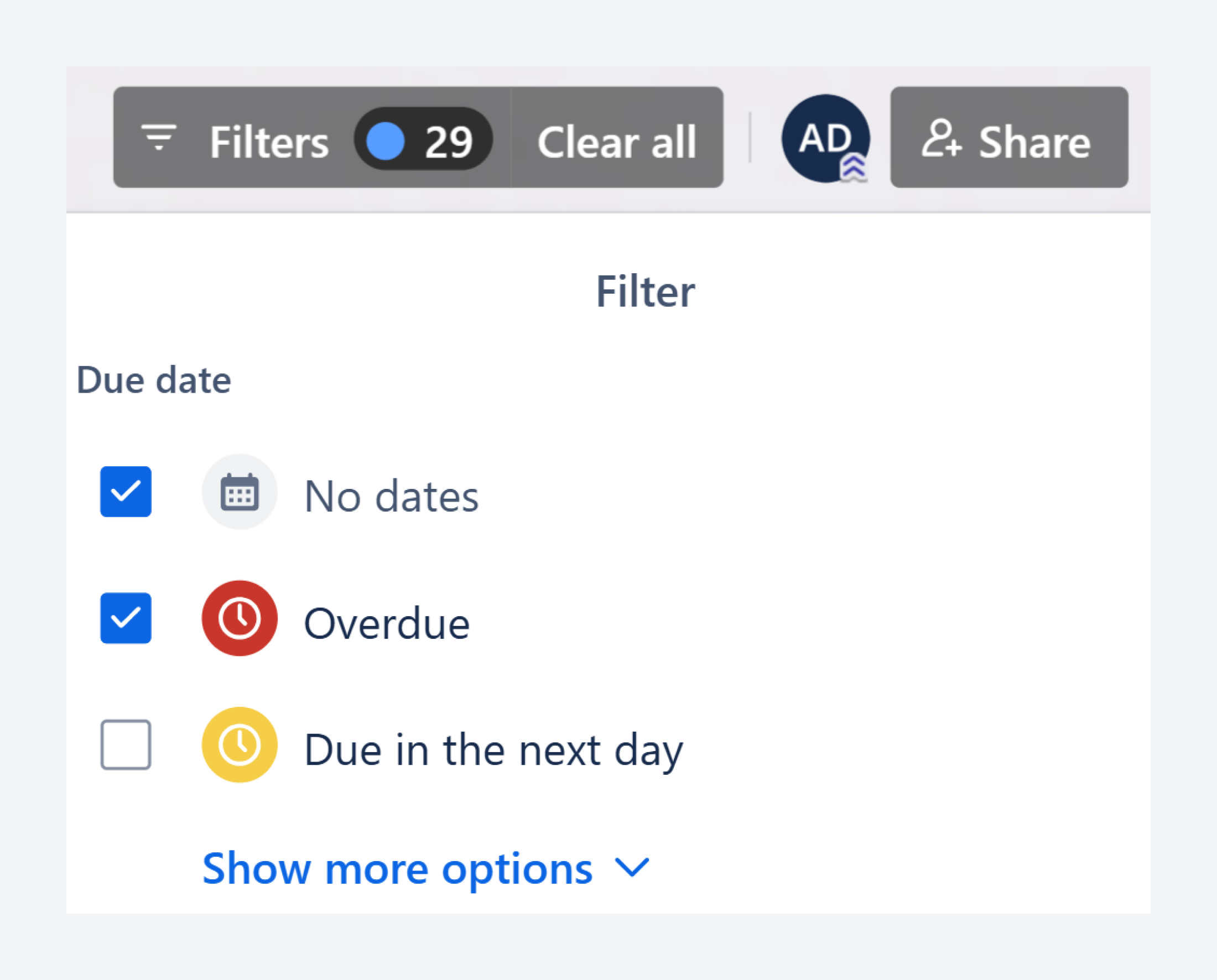 Trello using checkboxes for board’s filters.