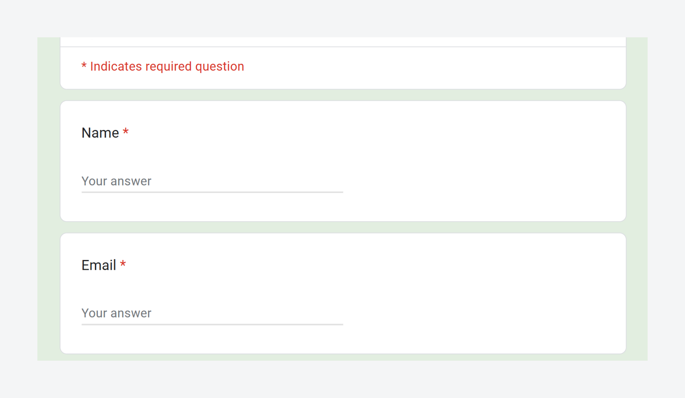 Google form showing required questions.