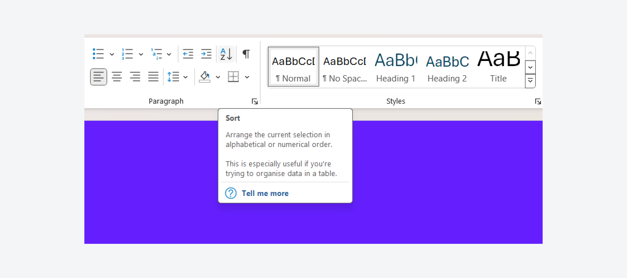 Microsoft sort icon infotip.