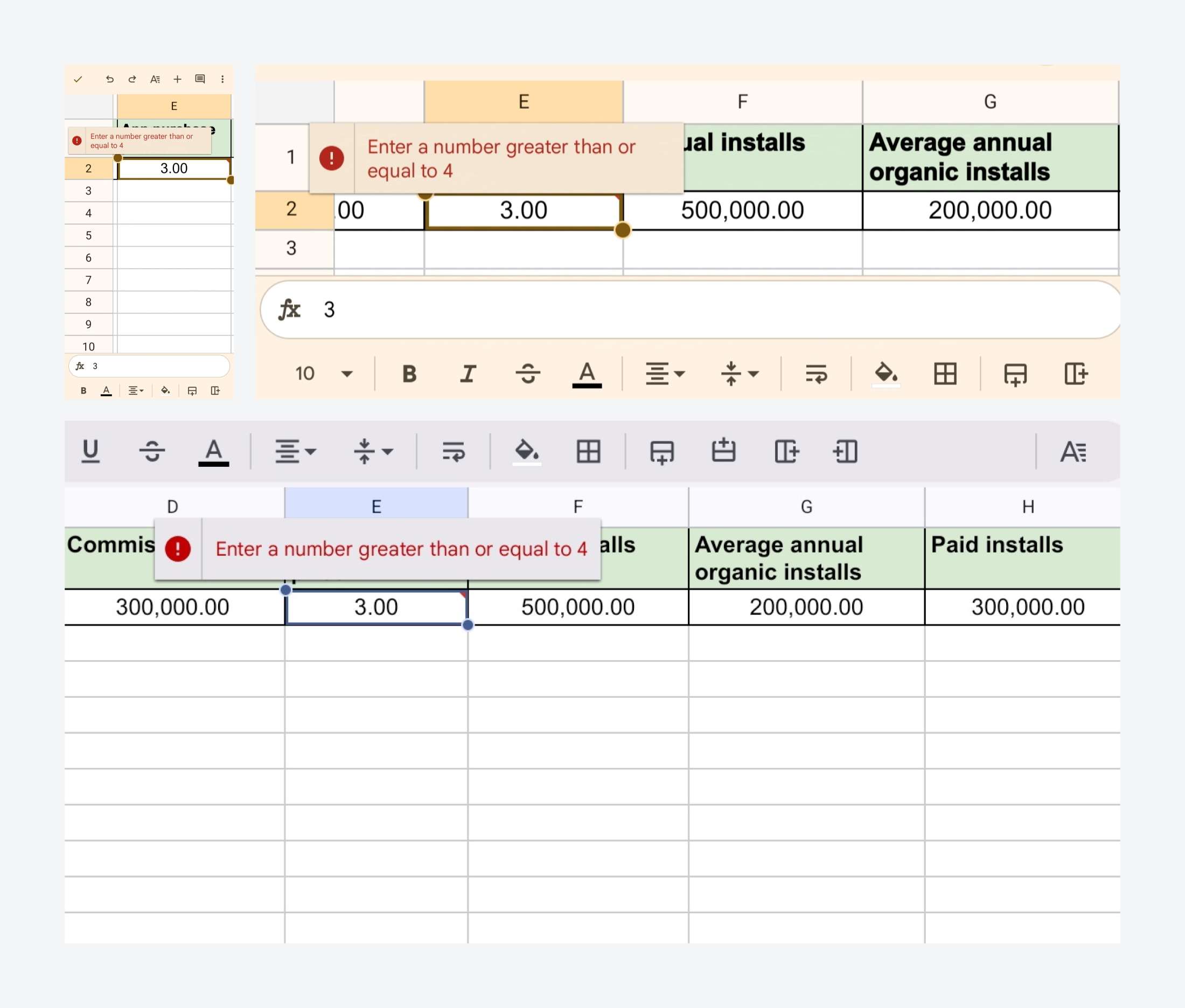 Google Sheets showing a tooltip with different screen orientations and sizes. 