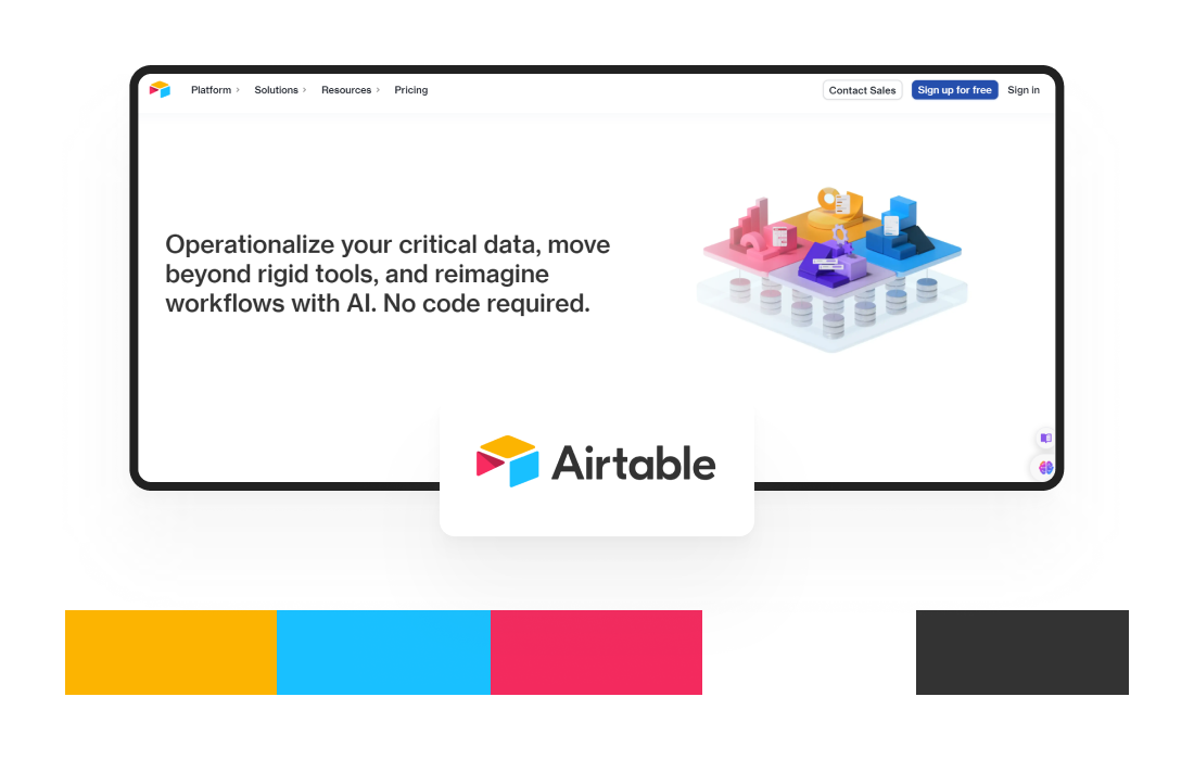 Monitor displays Airtable's webpage, emphasizing workflow optimization with AI, featuring a vibrant 3D diagram.